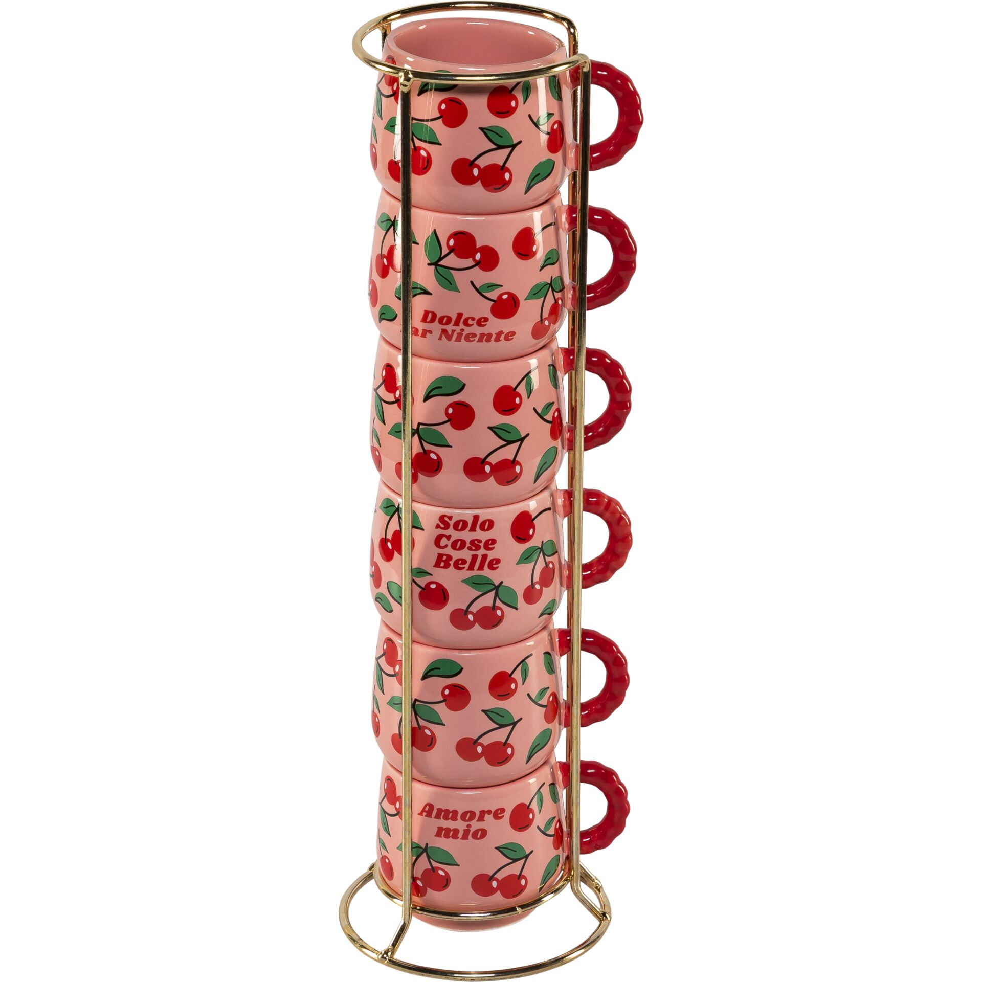 Kaffeetassen-Set, Kierfer-Stack, Rosa Tassen, Kirschmuster, Stahl-Gestell