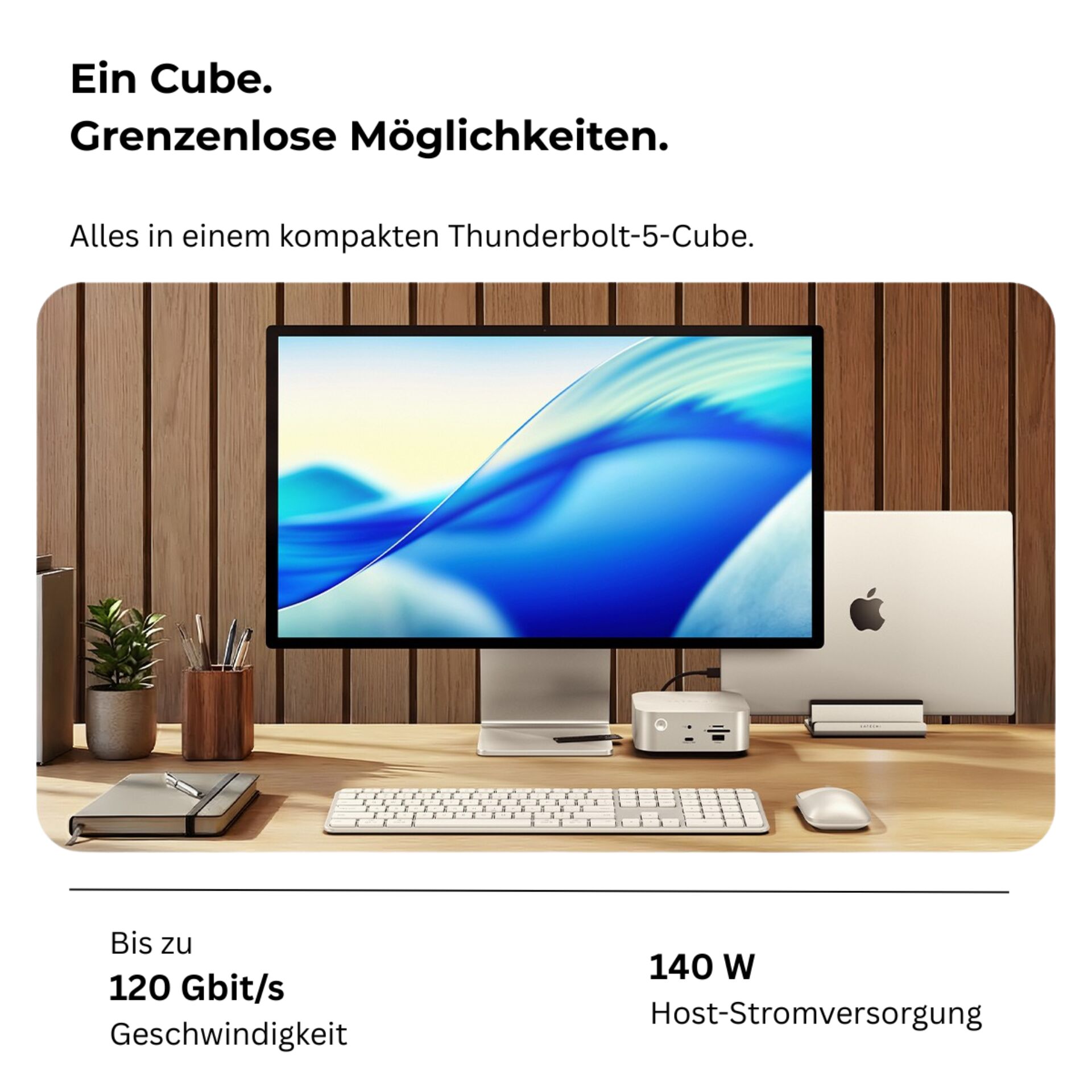Thunderbolt-5-Cube, All-in-One PC, Monitor, Desktop-Setup, USB-C Netzteil