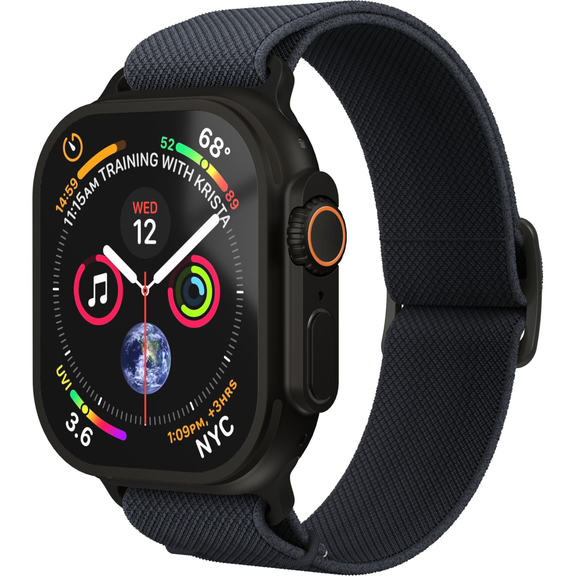 Smartwatch, Apple Watch-style, OLED display, Nylon band, Black metal case