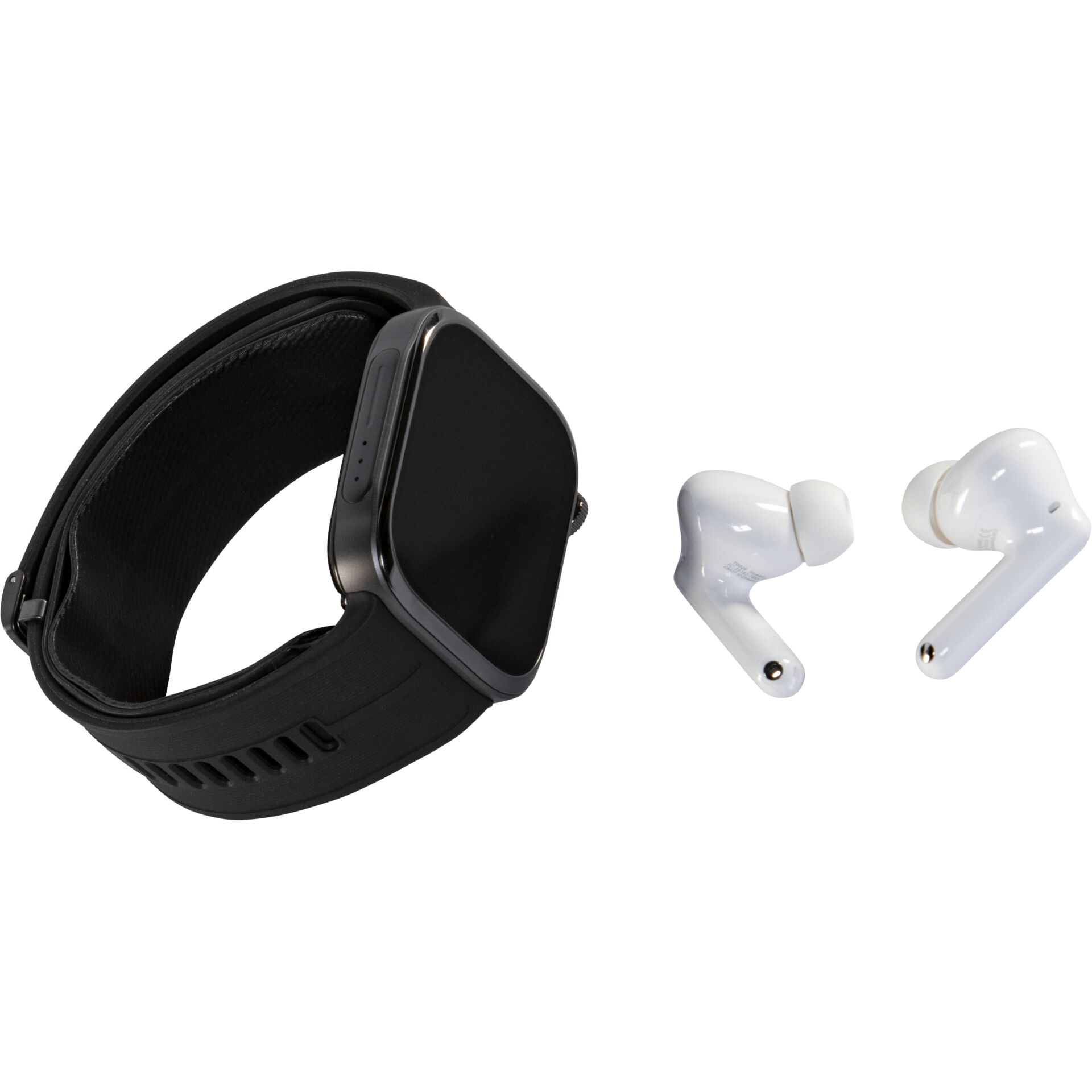 Smartwatch, Schwarzes Armband, Touchscreen, Kabellose Ohrhörer, Weiße Ohrhörer