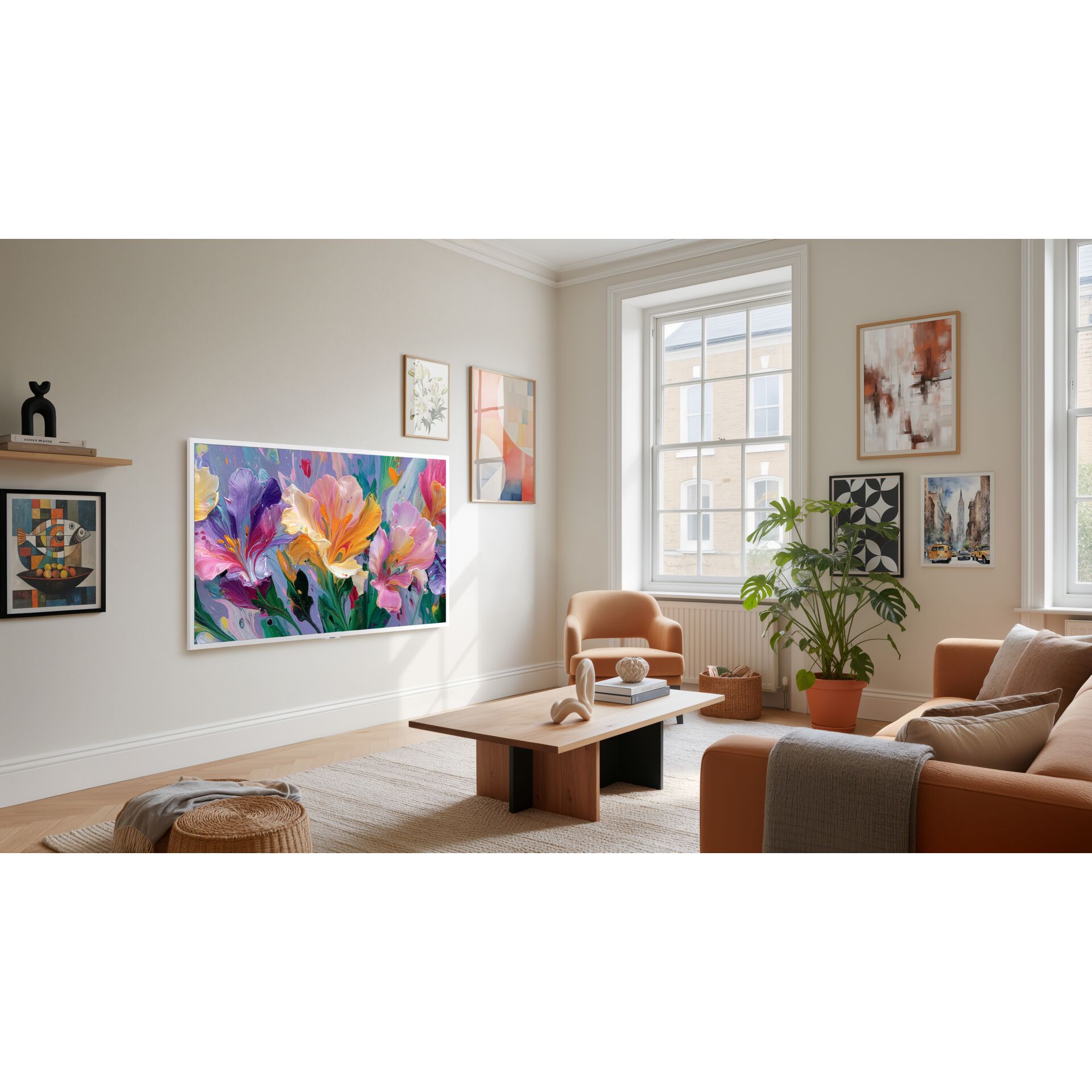 wohnzimmer, wandbild, gemischte-kunst, tisch, pflanze