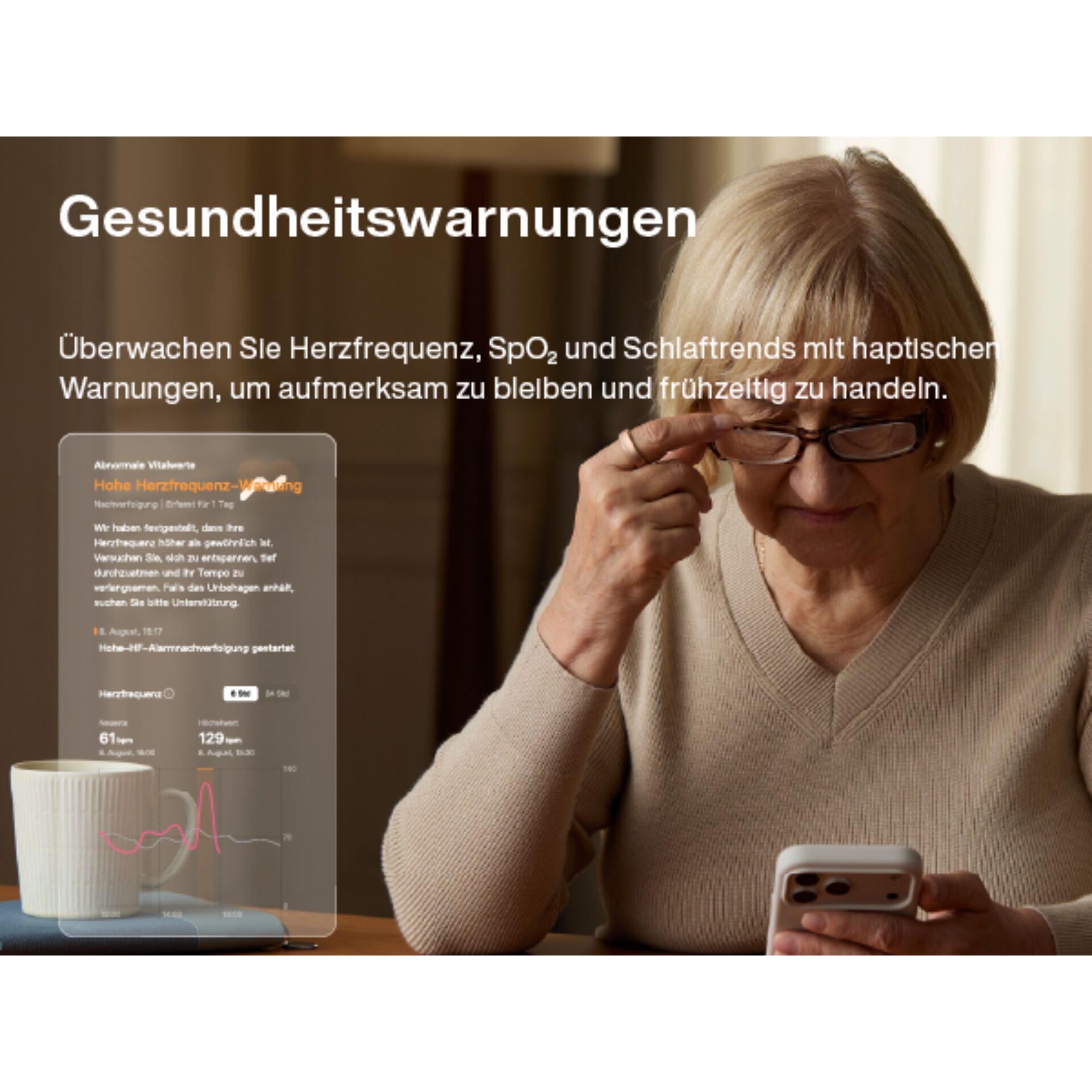 Senior, Smartphone, Monitoring, Health alert, Tablet overlay