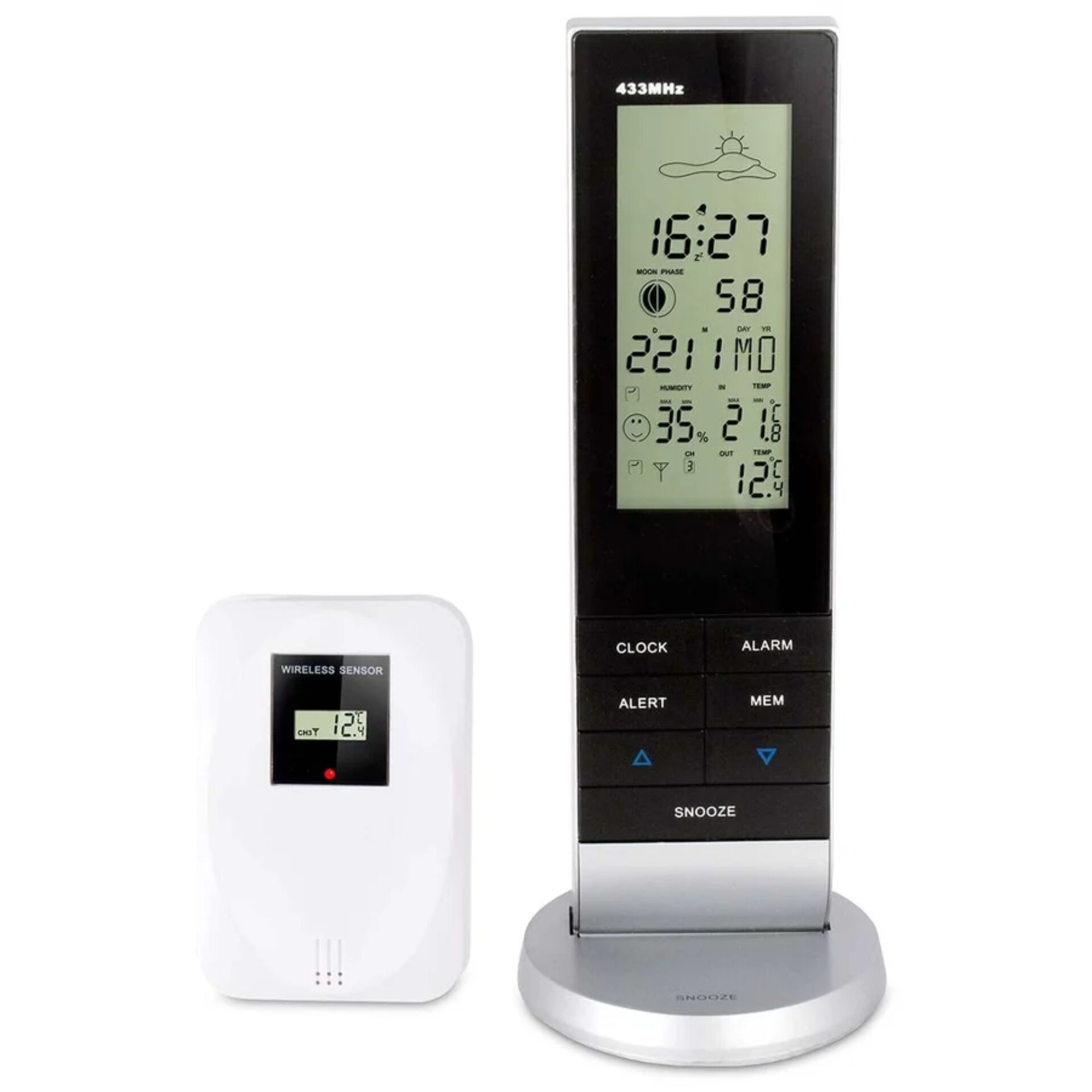 digital clock, alarm clock, wireless sensor, glass display, standing clock