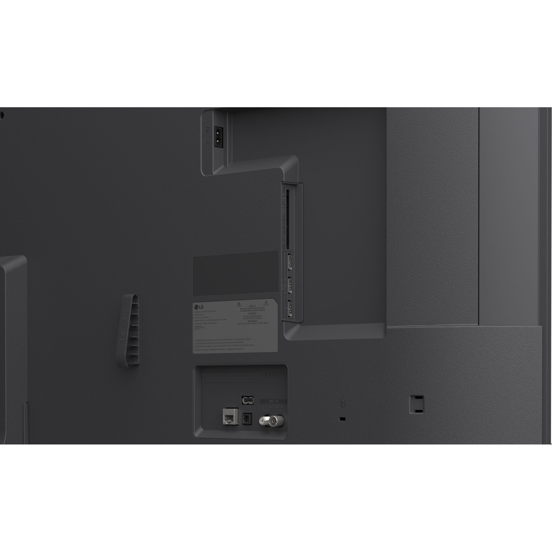 TV Rückseite, HDMI-Anschlüsse, USB-Anschlüsse, Stromanschluss, Metallpanel