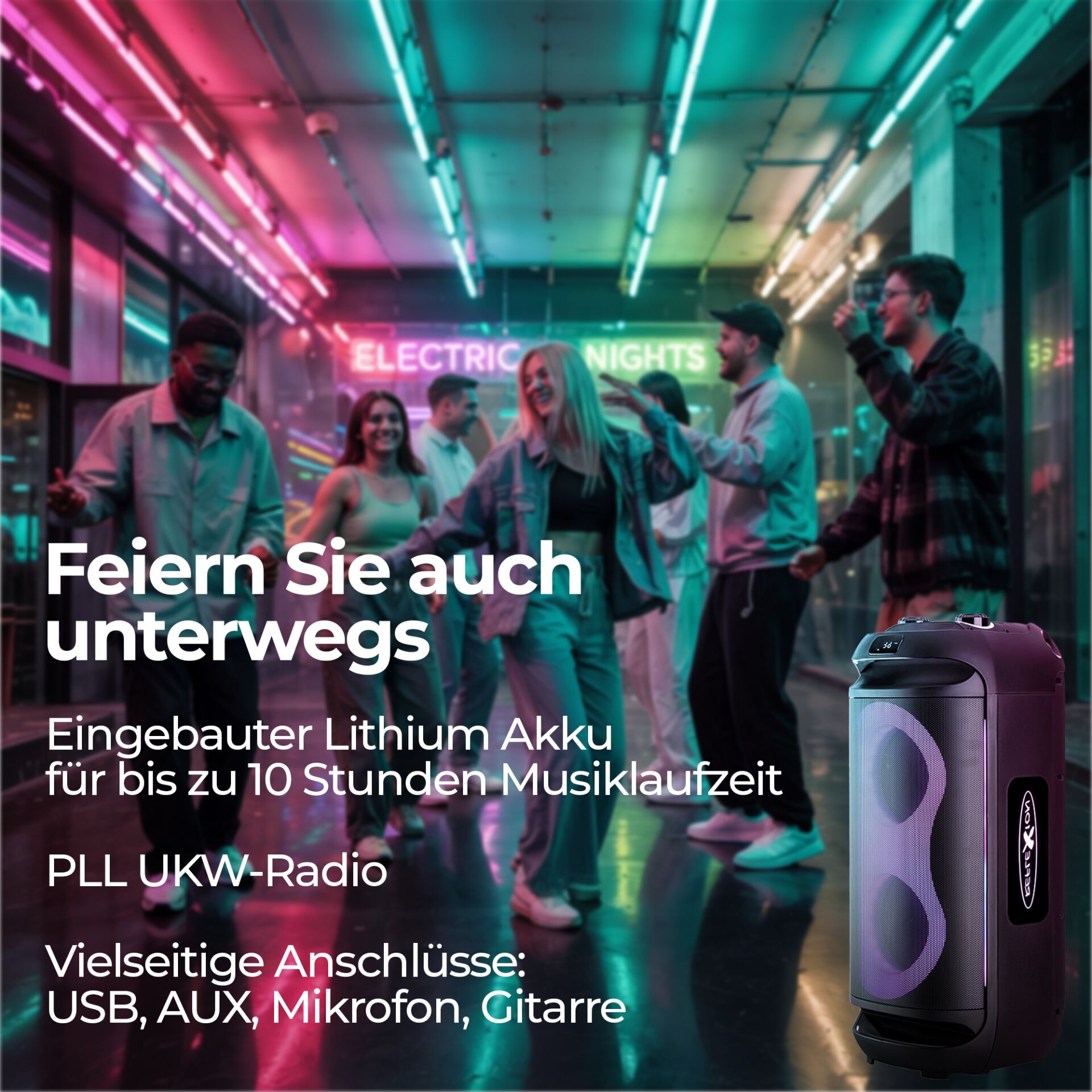 Bluetooth Lautsprecher, Lithium Akku, USB, Mikrofon, Gitarre