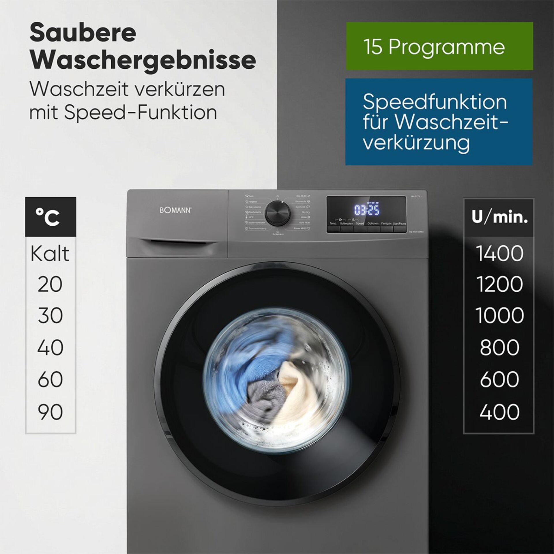 Waschmaschine, Frontlader, Grau, Digitales display, Schnellfunktion