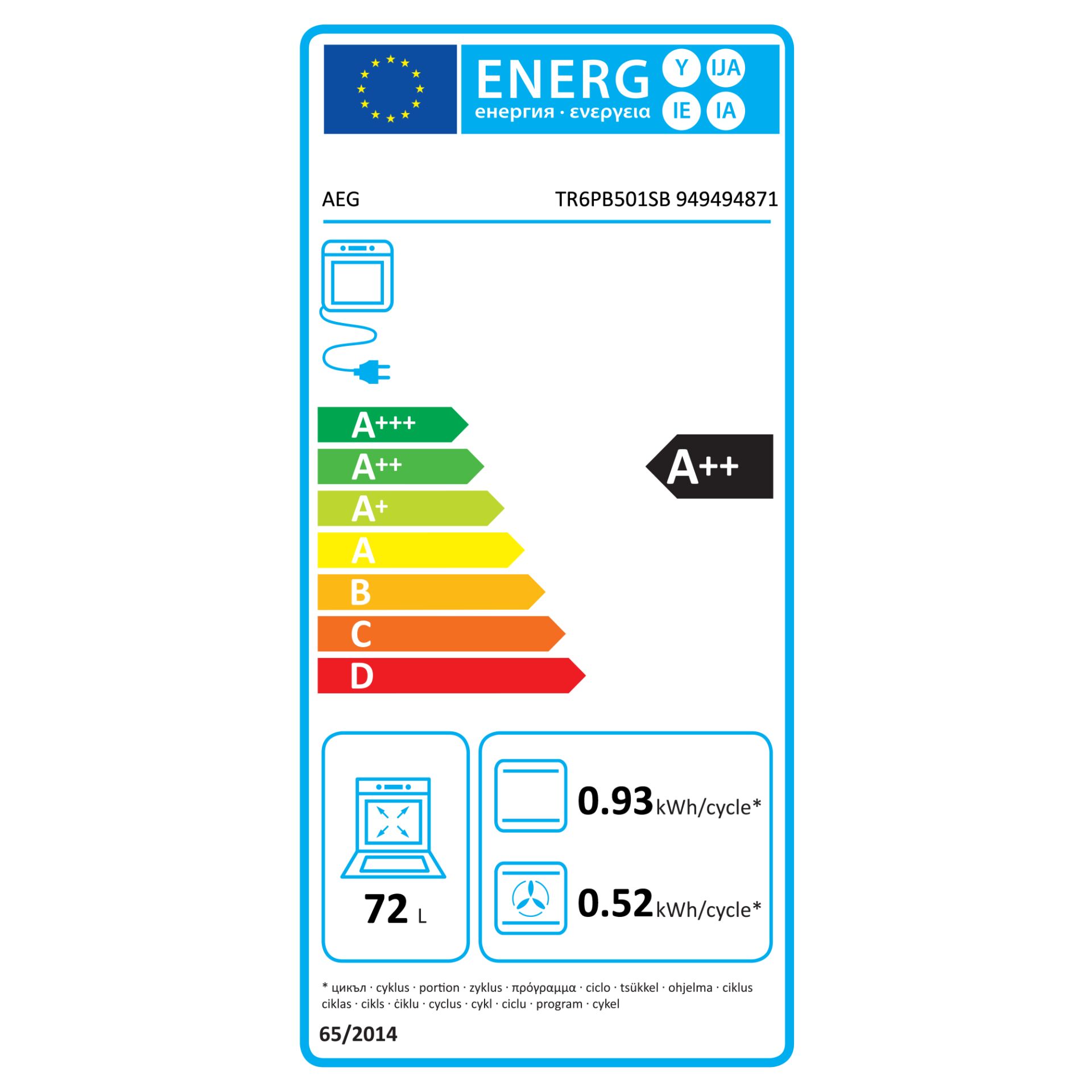 AEG TR6PB501SB  Backofen mit Pyrolyse – Energieeffizienzklasse A++