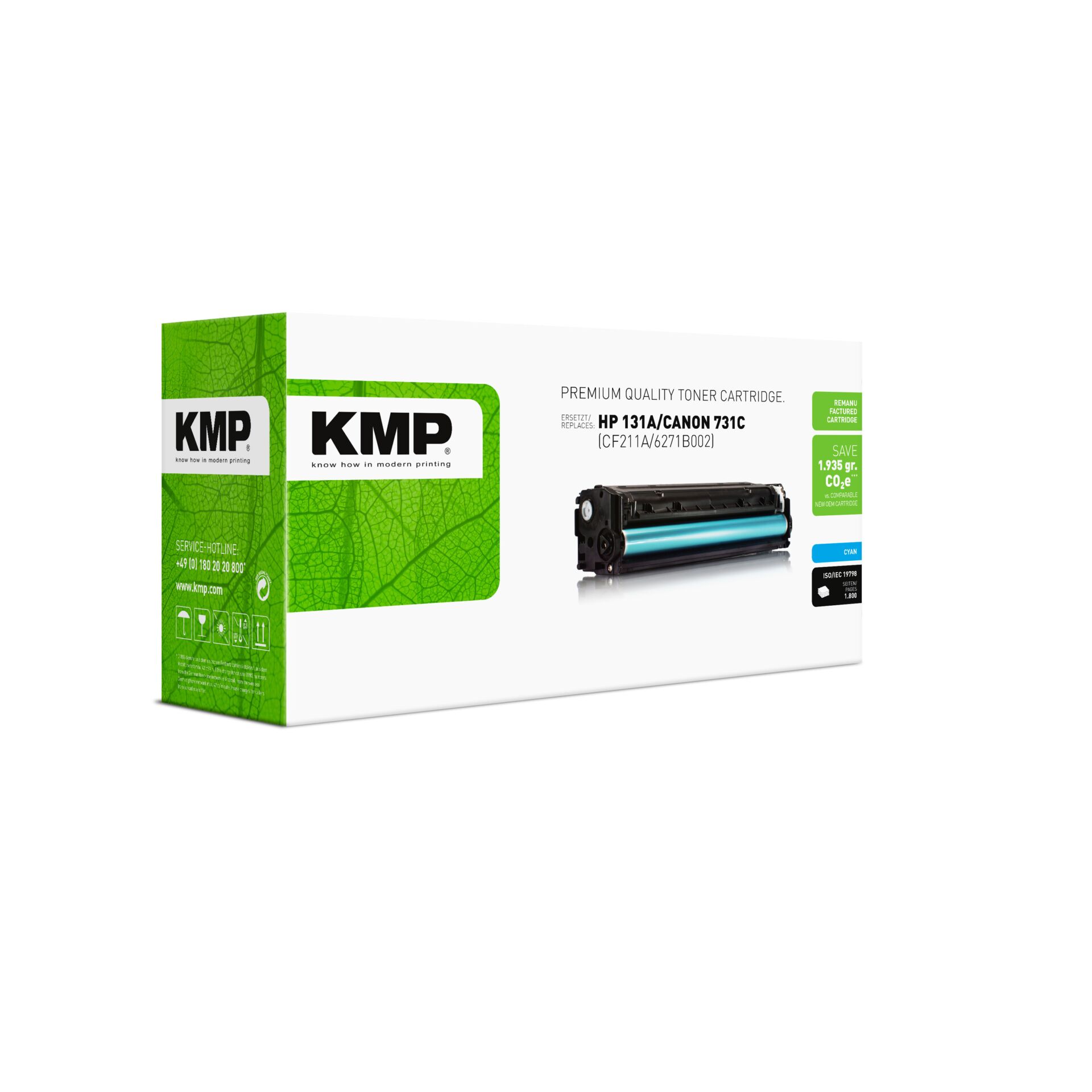 Computerausrüstung, Elektronik, Hardware, Adapter, Werbung, Tonerpatrone, HP 131A/Canon 731C, KMP, Produktverpackung, Grün-weiß