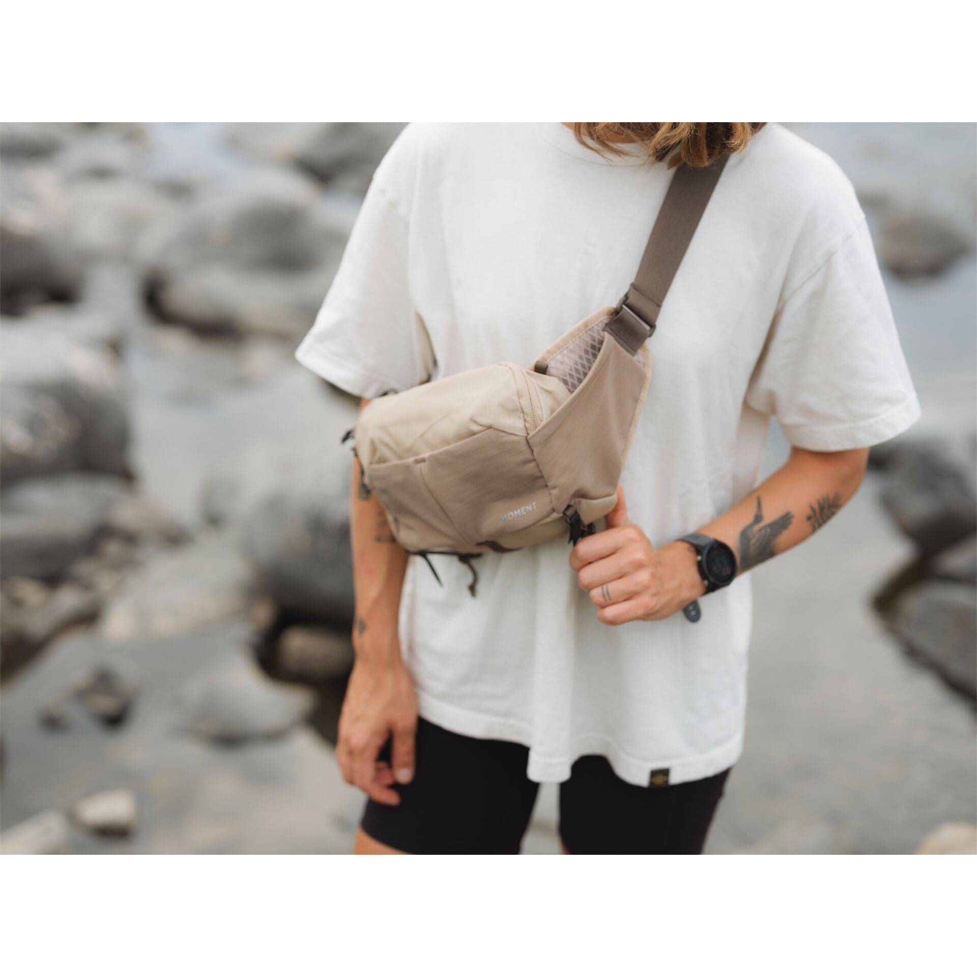 Hüfttasche, Laufgürtel, taillierte Tasche, Nylon, beige