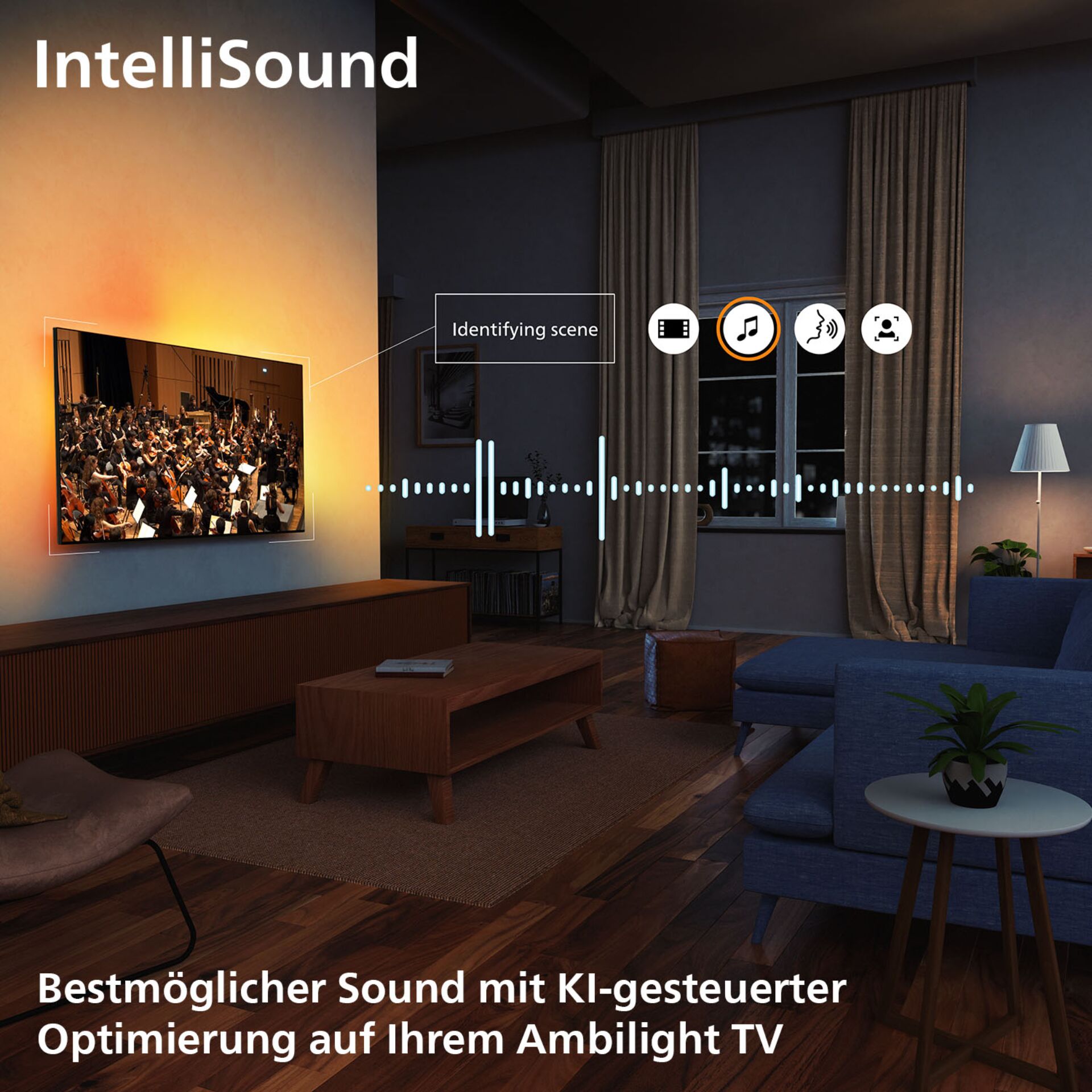 Wohnzimmer, TV-Wandbild, Ambilight, Wohnzimmer-Setup, Sound-Optimierung