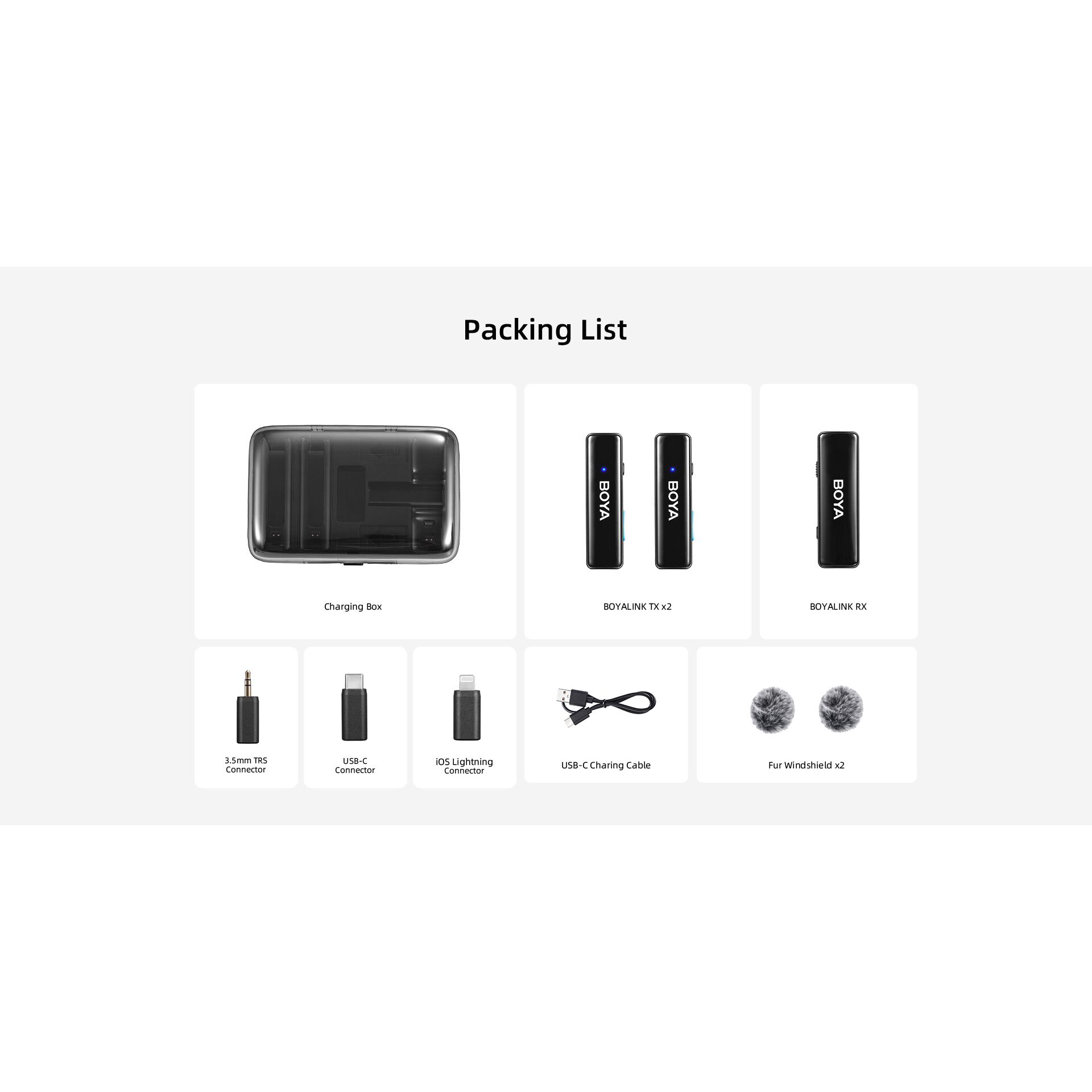 Charging Box, BOYA TX2, BOYALINK RX, USB-C Charging Cable, Fur Windshield x2