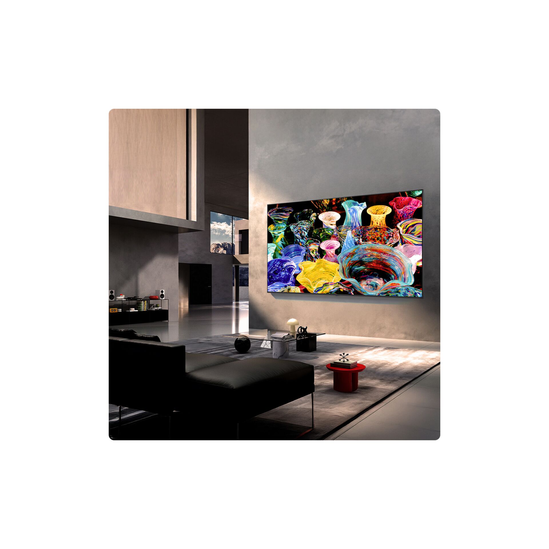  Fernseher, Kunstwand, Wohnzimmer, Konsole, abstrakte Kunst