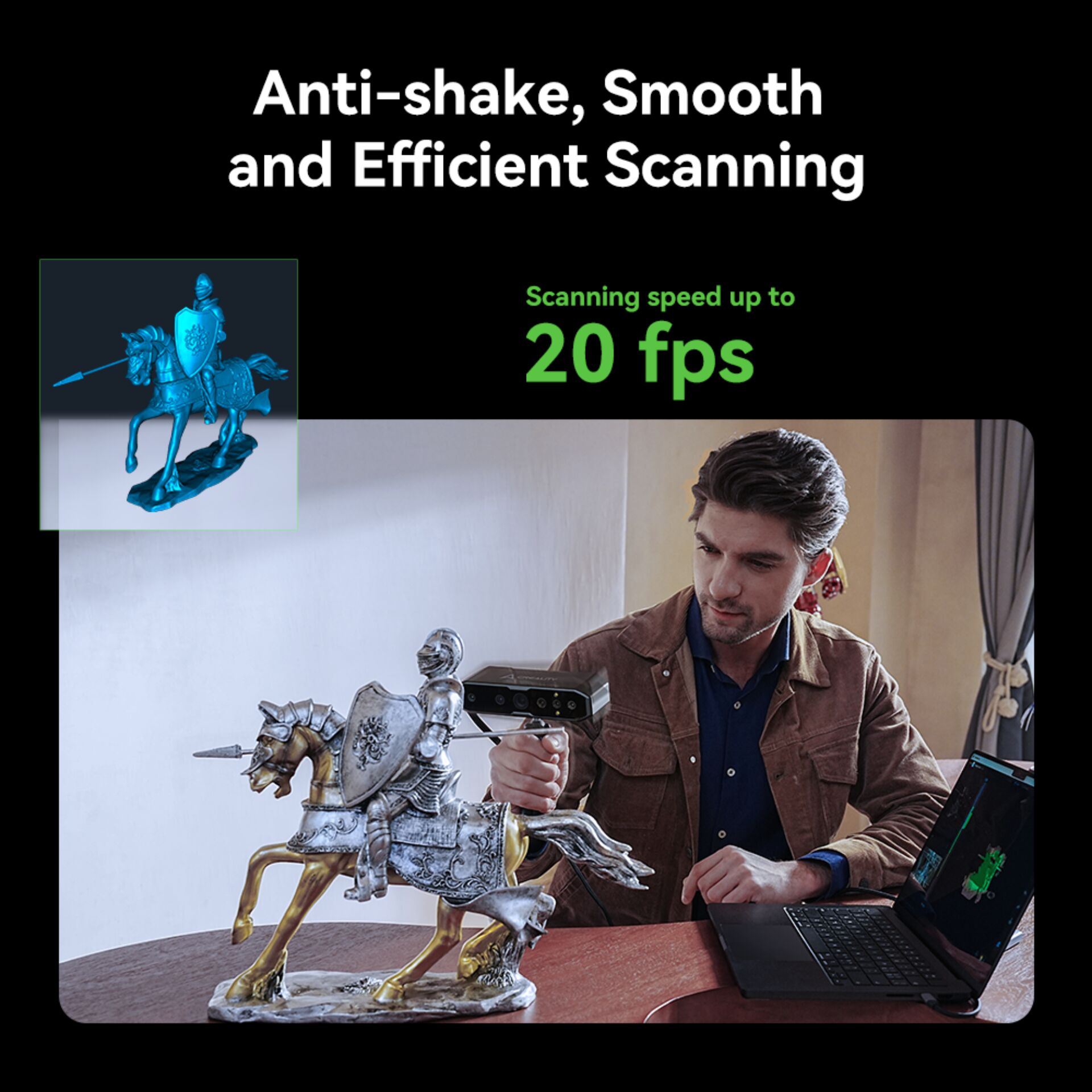 3D-Scan, Handhelder Scanner, Desktop-Setup, Modellfigur, Arbeitsplatz