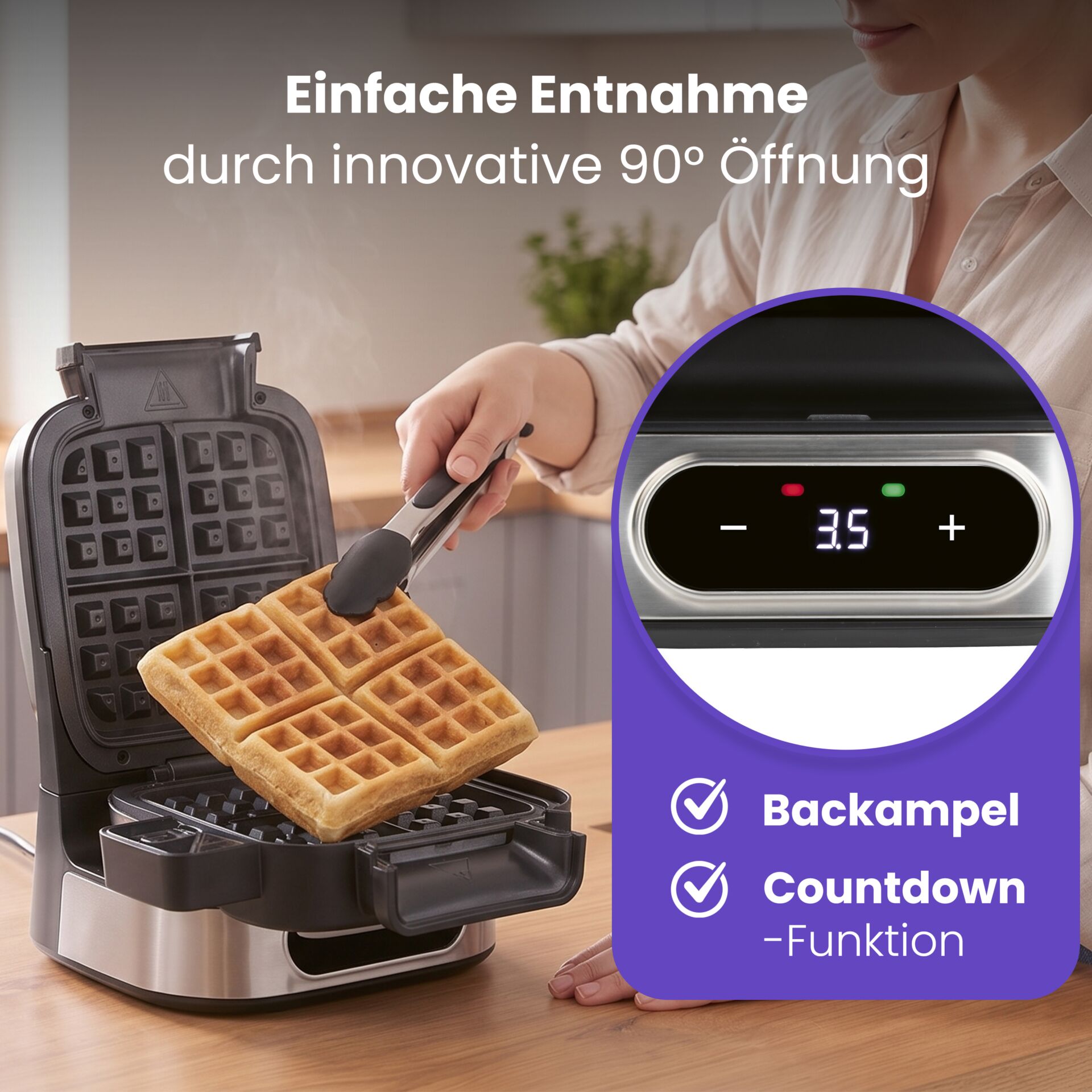 Waffeleisen, Edelstahlgehäuse, digitale Anzeige, Countdown-Funktion, 90°-Öffnung