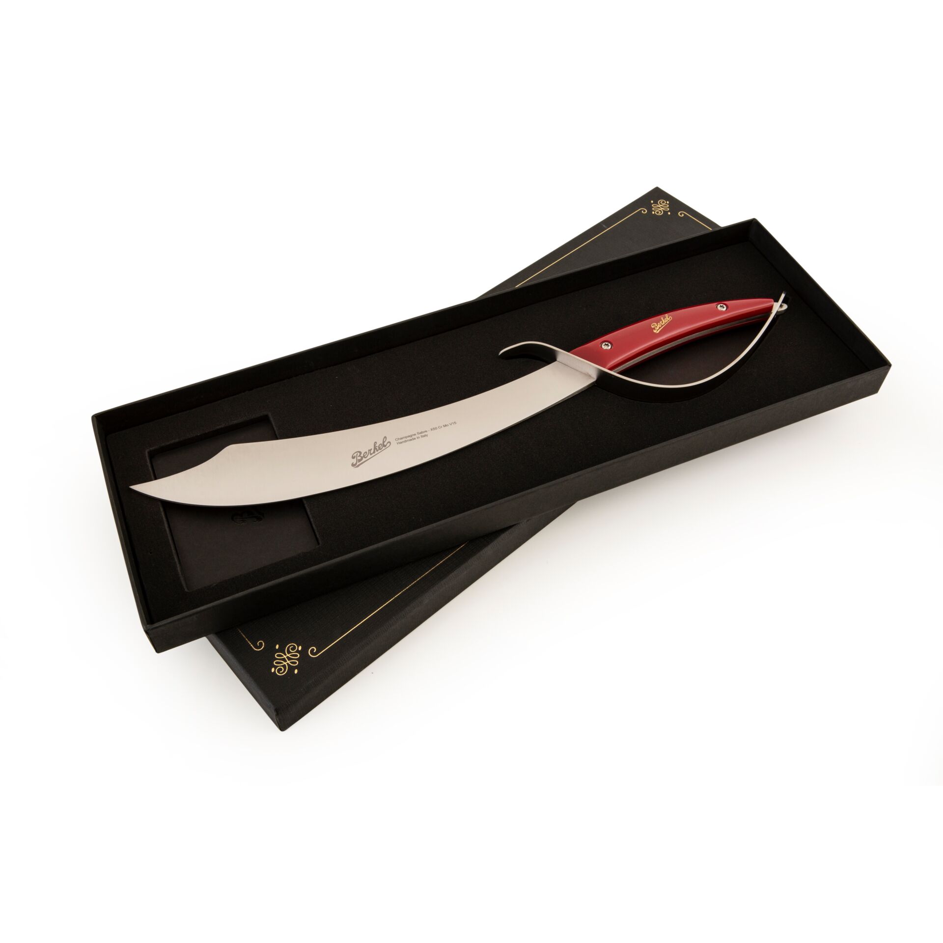 kitchen knife, chef knife, curved blade, red handle, presentation box