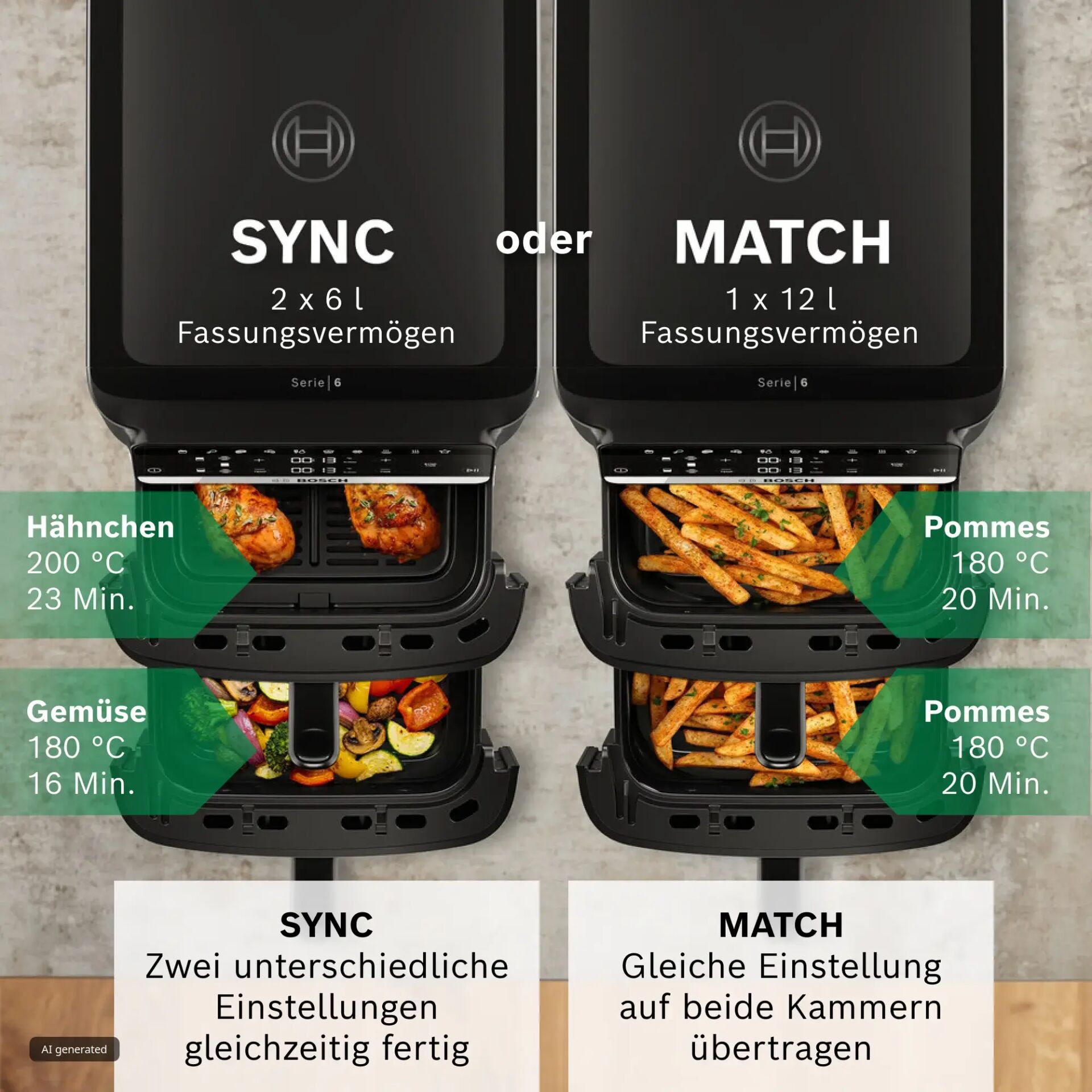 Air fryer, Duo cooking, Hähnchen, Pommes, Gemüse