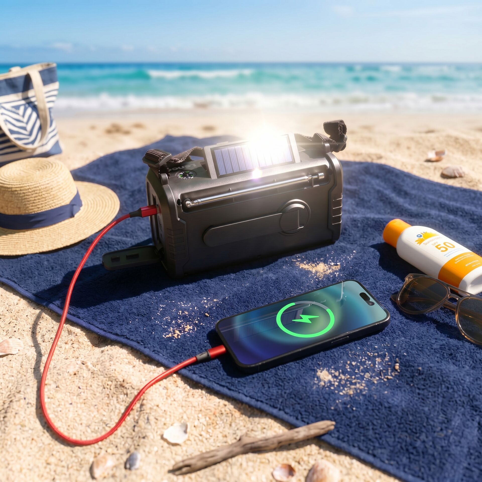 Lautsprecher, Solarlader, Powerbank, Strand, Kamera