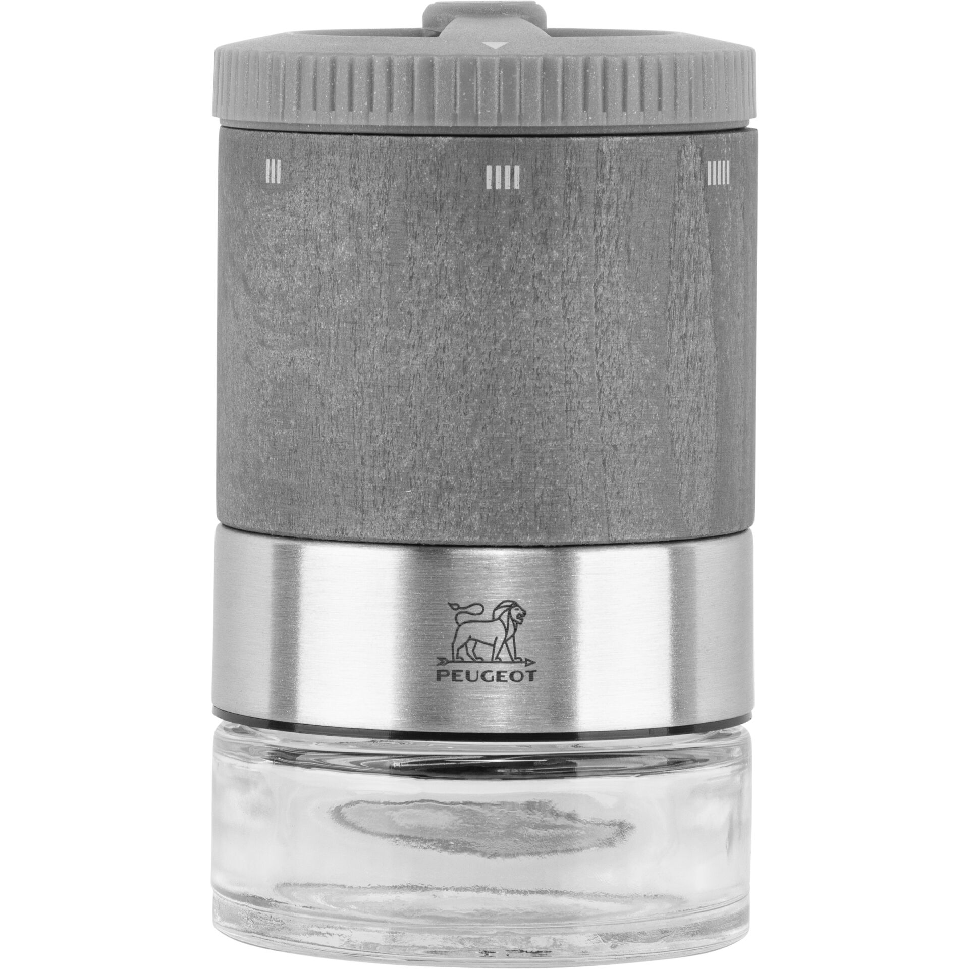 Salzmörser, Pfeffermühle, Holz, Grau, Edelstahl, transparente Basis