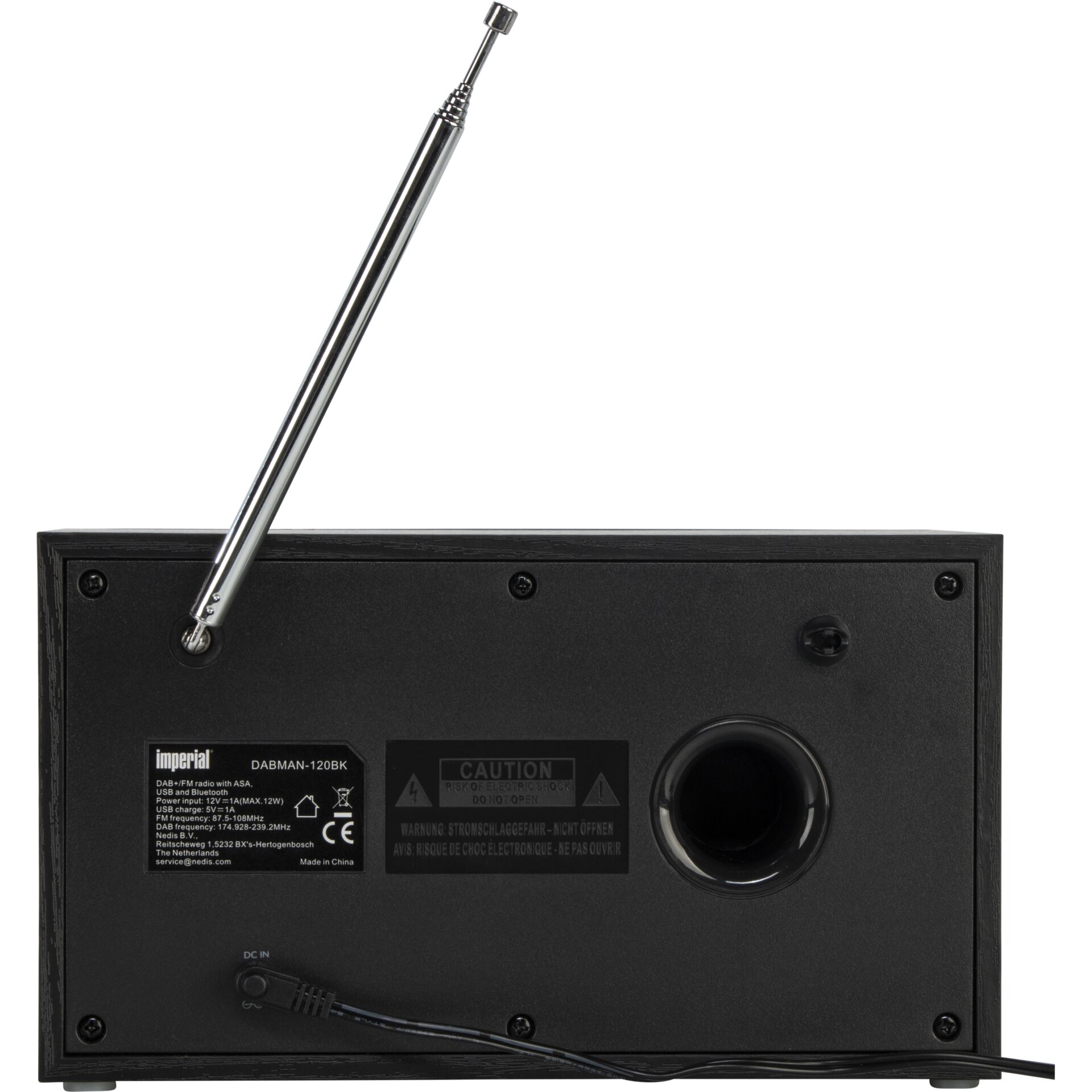 DAB Radio, tragbarer Lautsprecher, Metallantenne, schwarzes Gehäuse, DC-Eingang