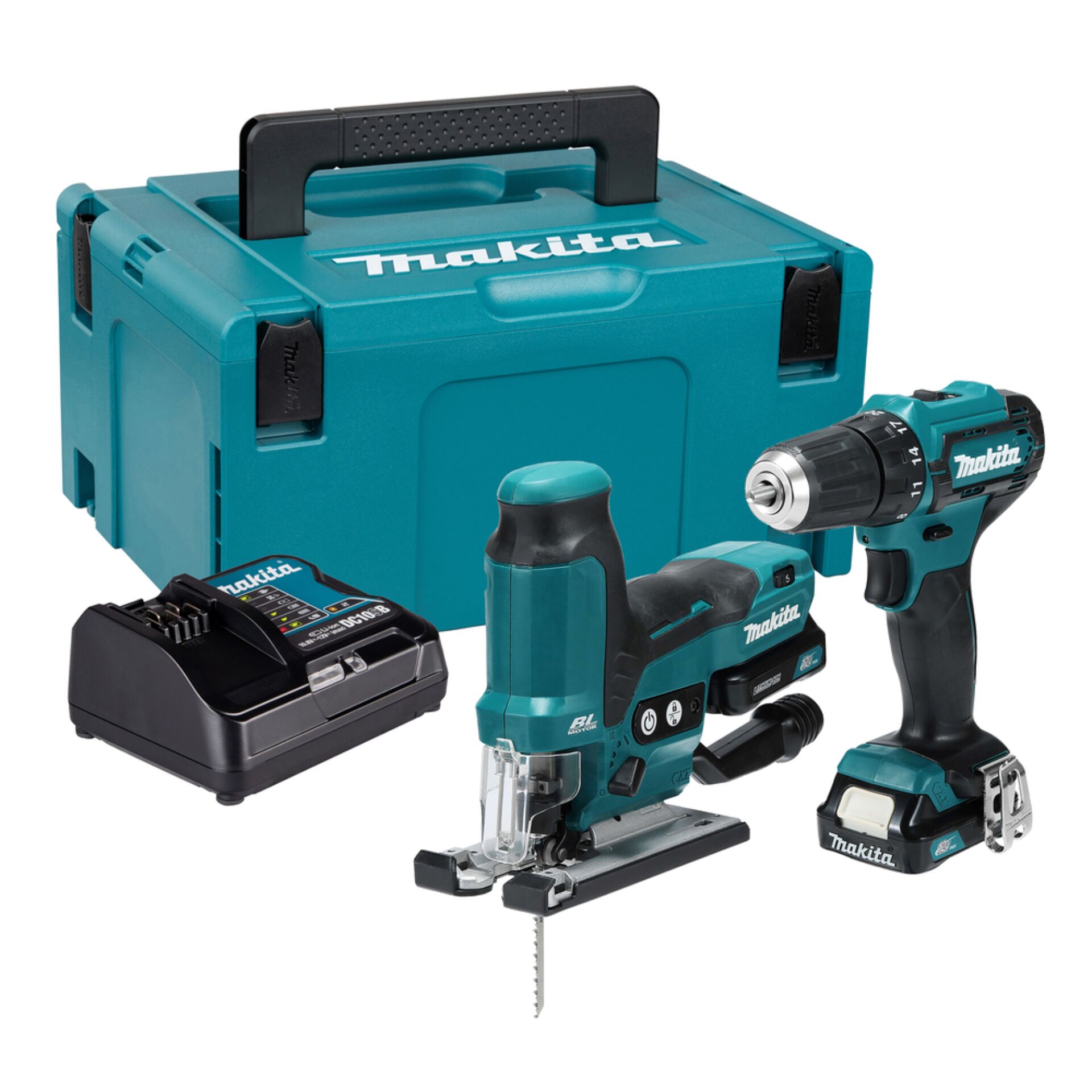 Akku-Bohrschrauber, Stichsäge, Koffer, Holzbearbeitung, Makita-Set