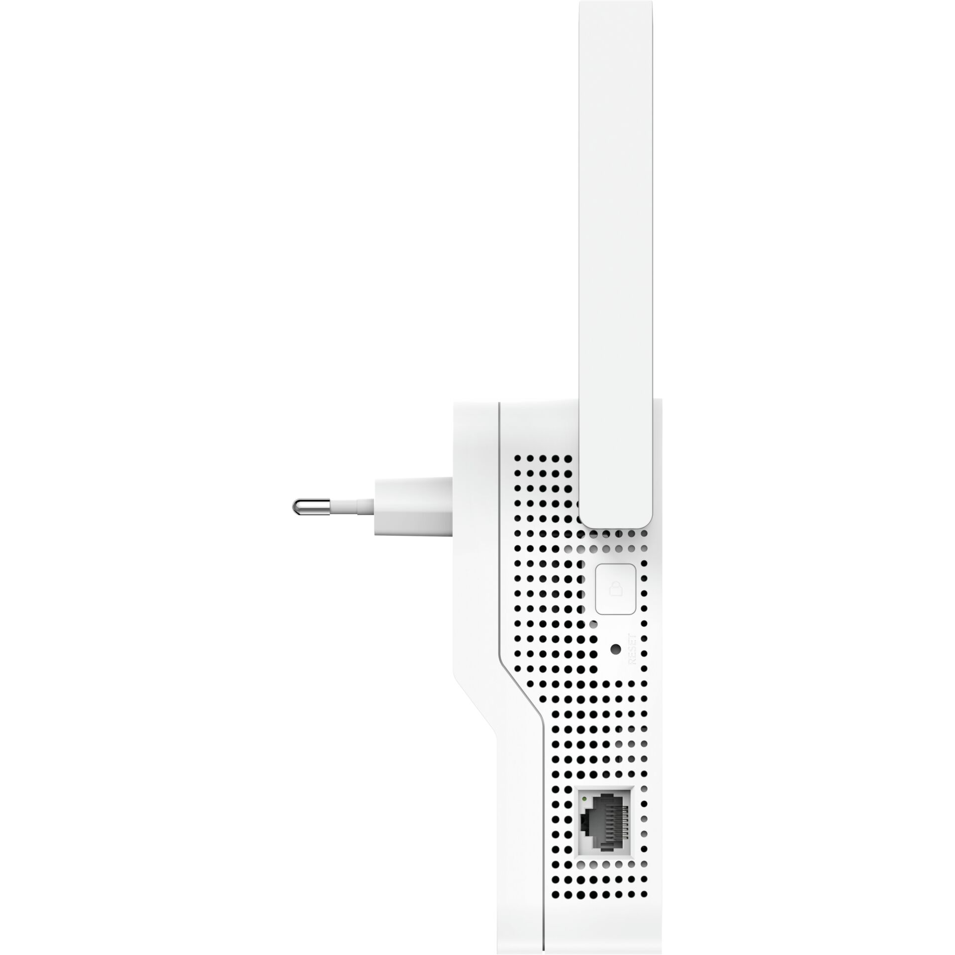 Weißes Elektronikgerät, Gehäuse mit Perforation, RJ-45 Anschluss, Netzstecker, Ventilationsgehäuse