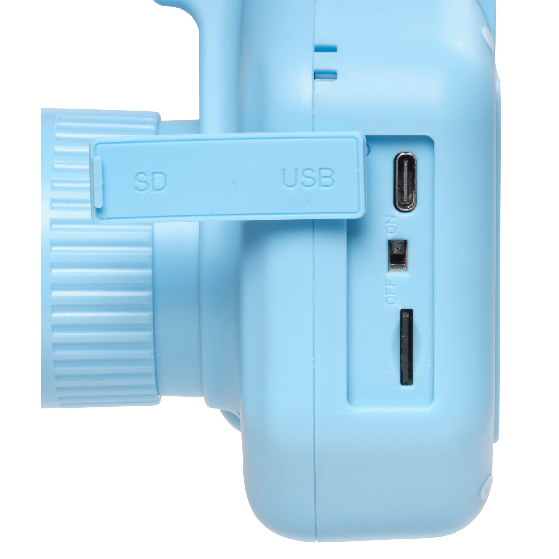 Kinderkamera, hellblau, USB-C-Anschluss, SD-Kartensteckplatz, Ein-/Ausschalter