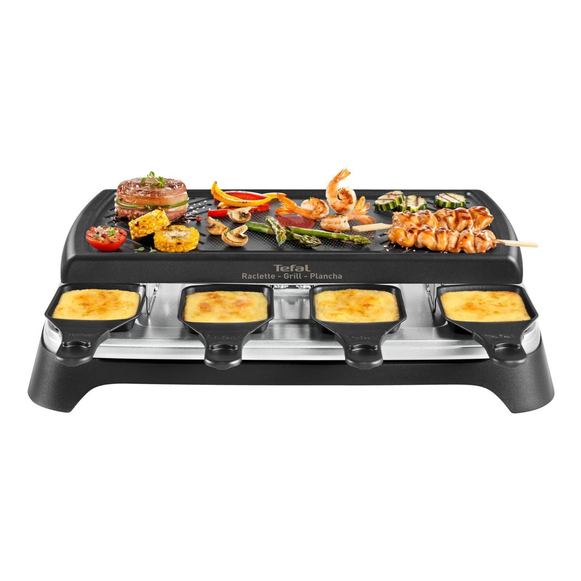 Raclette-Grill, Tischgrill, Grillplatte, vier Pfännchen, schwarz-silber