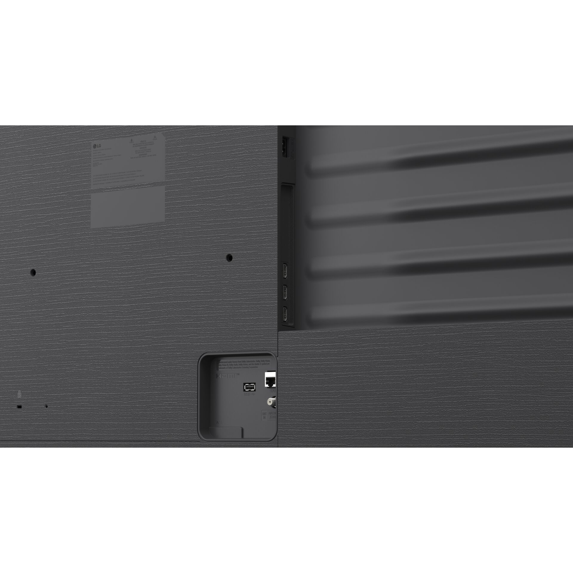 TV Rückseite, HDMI-Anschluss, USB-Anschluss, Wandhalterungsbereich, grau texturiertes Gehäuse