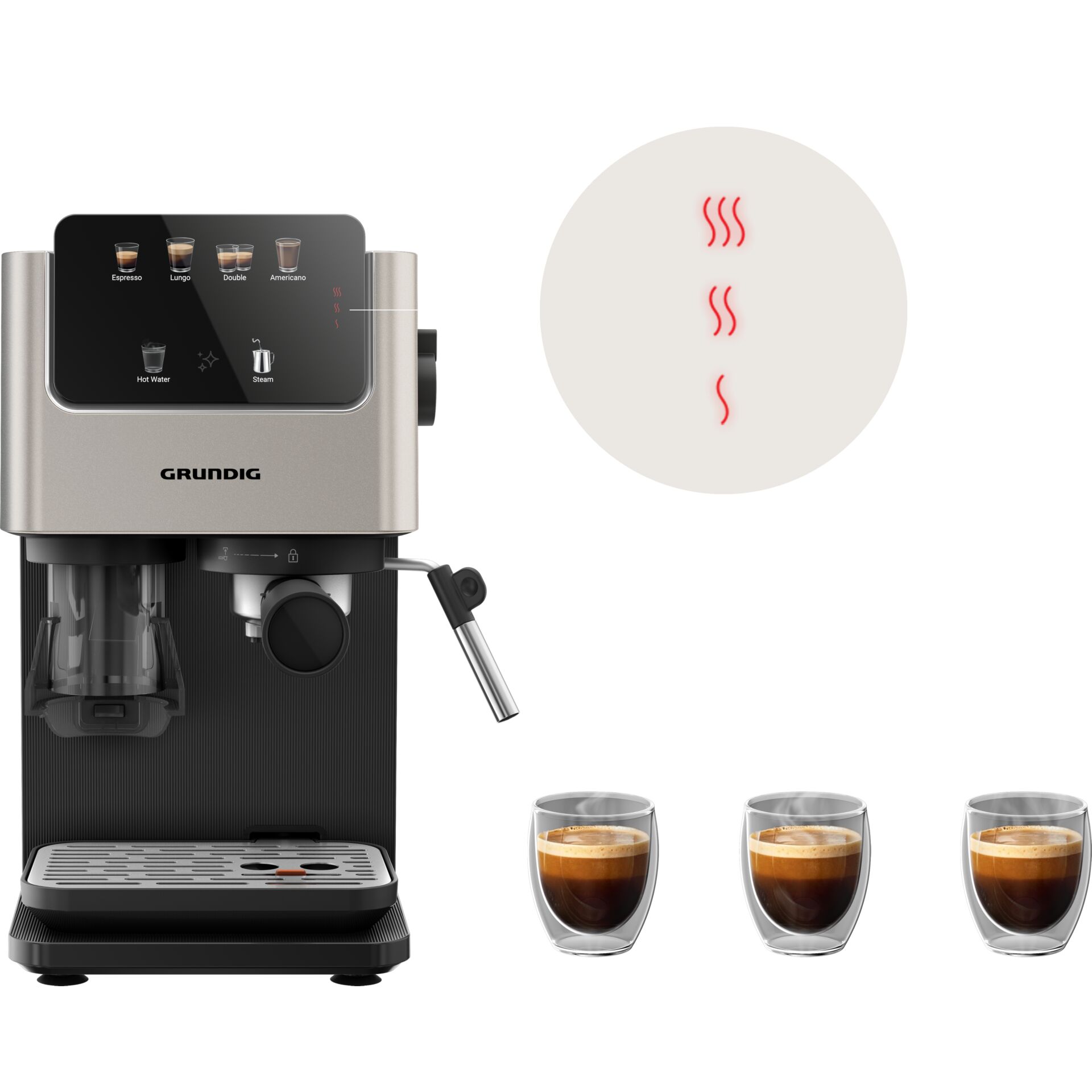 Espressomaschine, Edelstahl, Kaffeeausgabe, Tassen-Set, Dampf-/Wärmefunktion