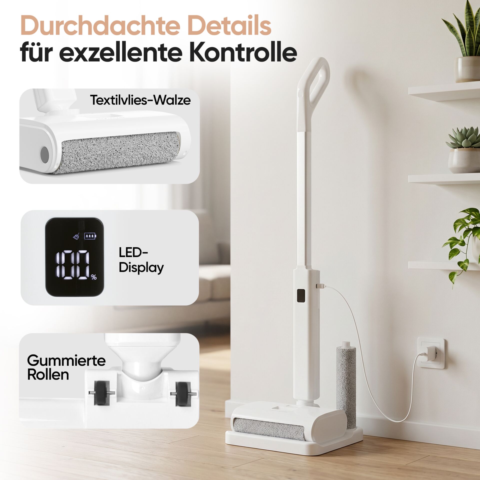Akku-Bodenreiniger, Textilwalze, LED-Display, Gummierte Rollen, Weiß