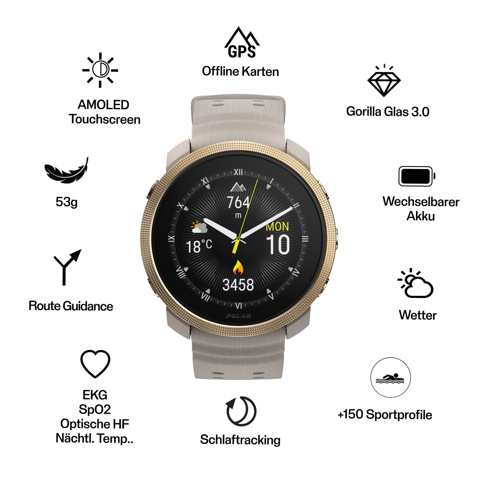 Smartwatch, Gorilla Glass, AMOLED, Touchscreen, GPS Offline Karten