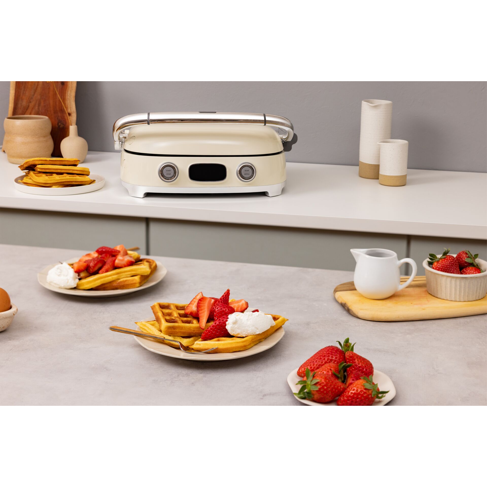 Waffeleisen, Toastmaker, Küchengerät, cremefarben, Edelstahlgriff