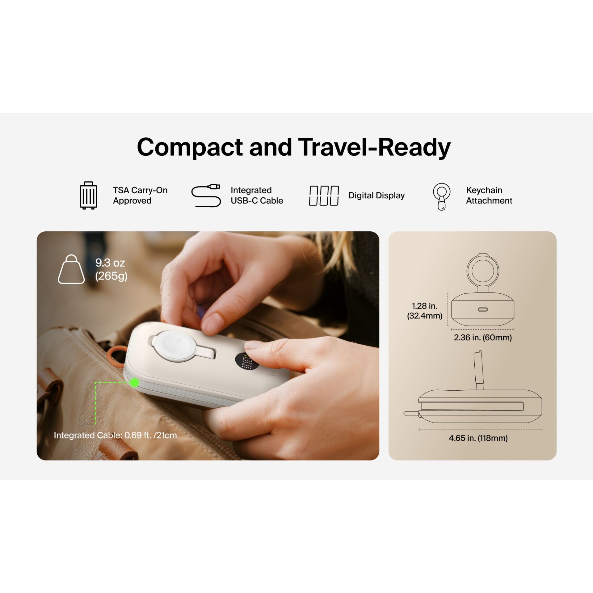 Reise-Ladegerät, Integriertes USB-C, Digitalanzeige, Schlüsselanhängerhalter, Kompakte Größe