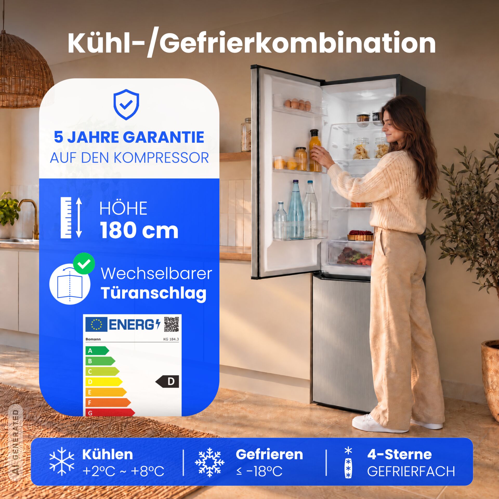 Kühl-Gefrierkombination, Edelstahloptik, 180 cm Höhe, Wechselbarer Türanschlag, Vier-Sterne-Gefrierfach