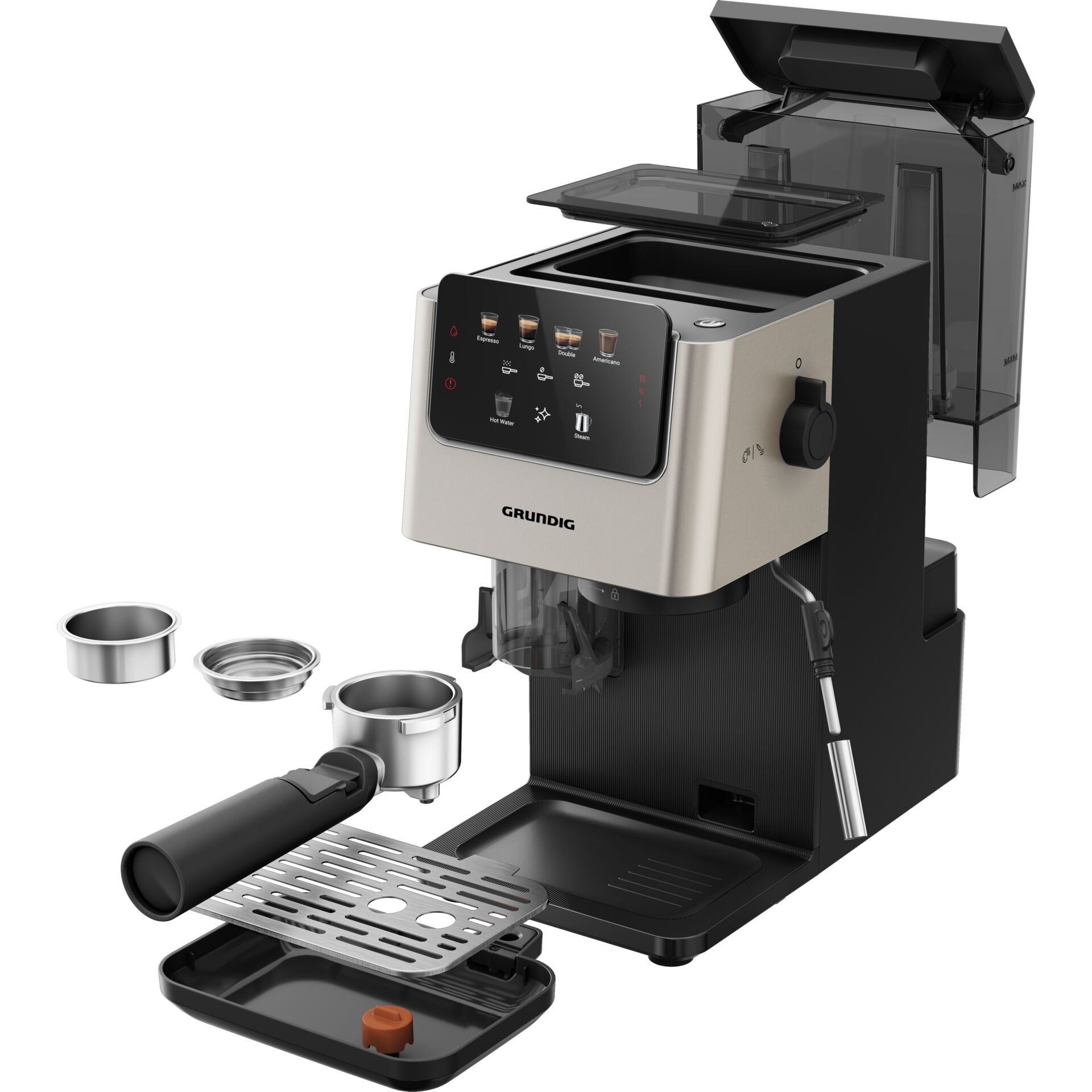 Espressomaschine, Kaffeemaschine, Grindig, Integrierter Bohnenbehälter, Milchaufschäumer