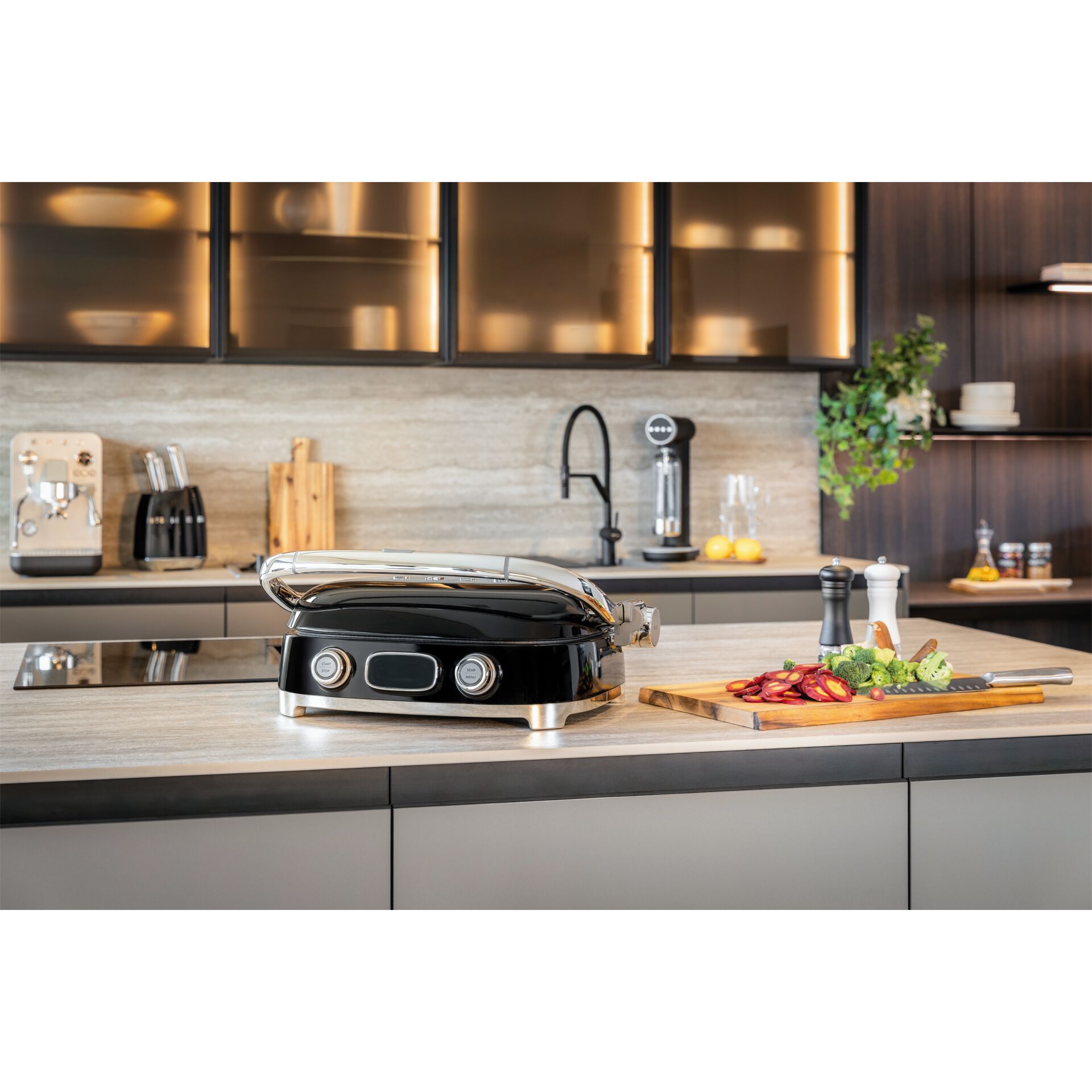 Elektrischer Kontaktgrill, Küchengerät, Schwarz, Metall, Kücheninsel