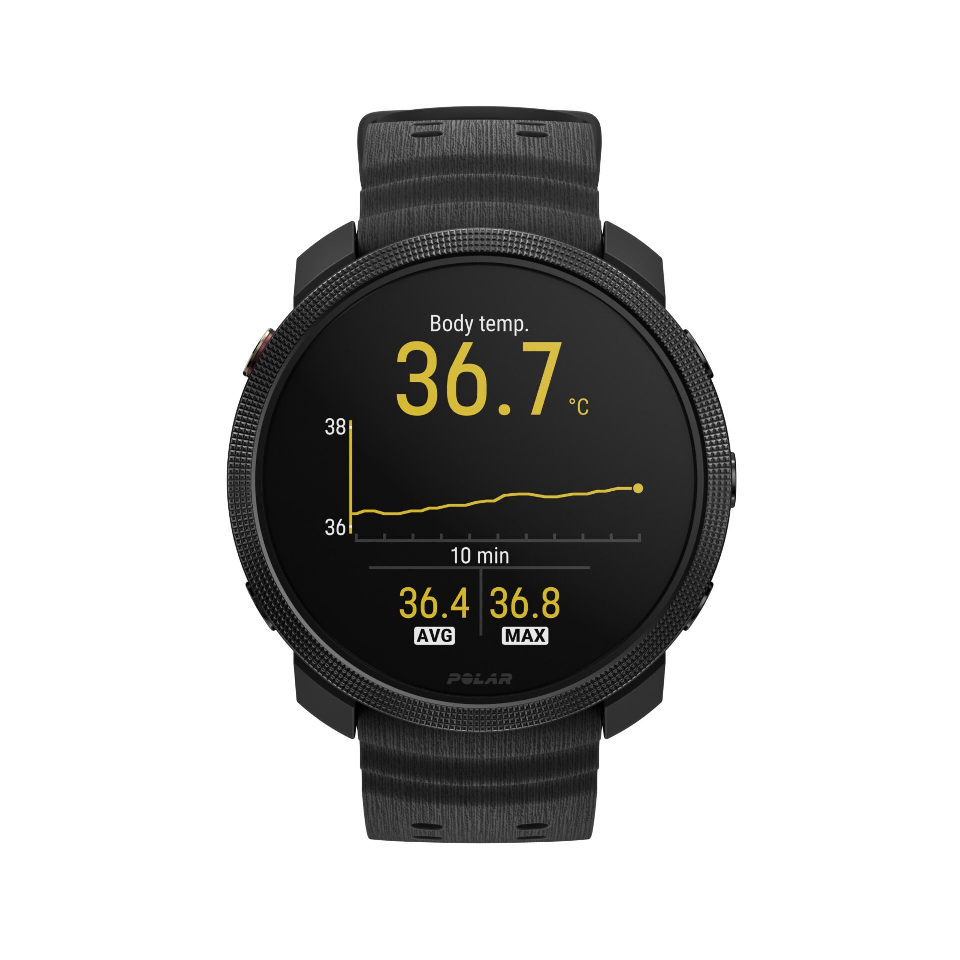 Smartwatch, Körpertemperatur, dunkes Armband, runder Gehäuserahmen, digitales Display