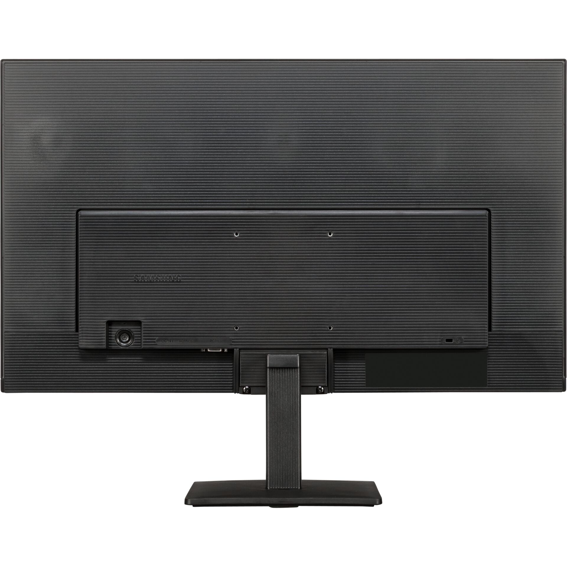 Monitor, schwarz, Kunststoffgehäuse, Standfuß, geriffelte Rückseite
