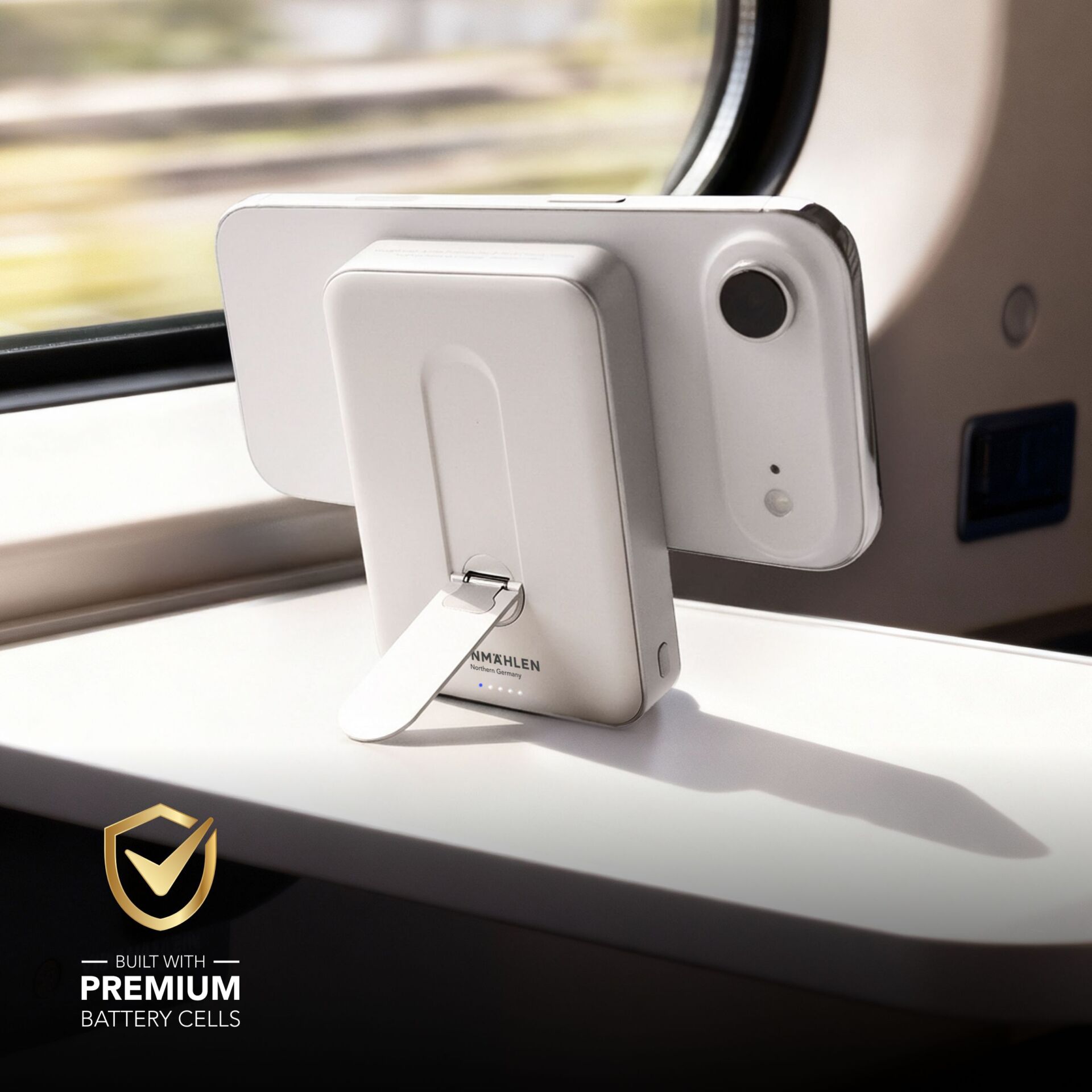 Tablethalter, Kfz-Halterung, Faltunterstützung, Weiß, Batterieanzeige