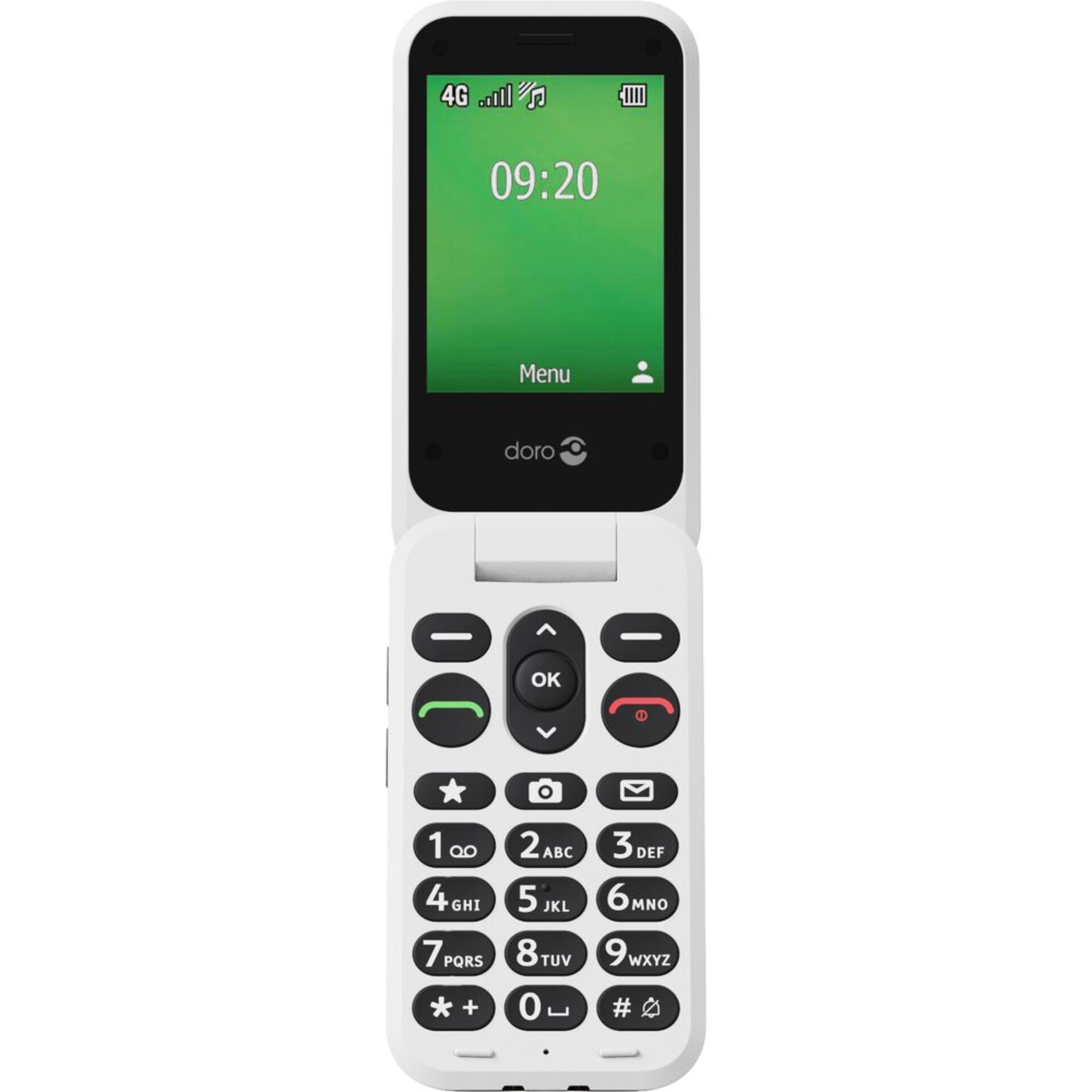 Klapphandy, Scharniertelefon, Tastaturtelefon, grünes Display, Doro-Brand