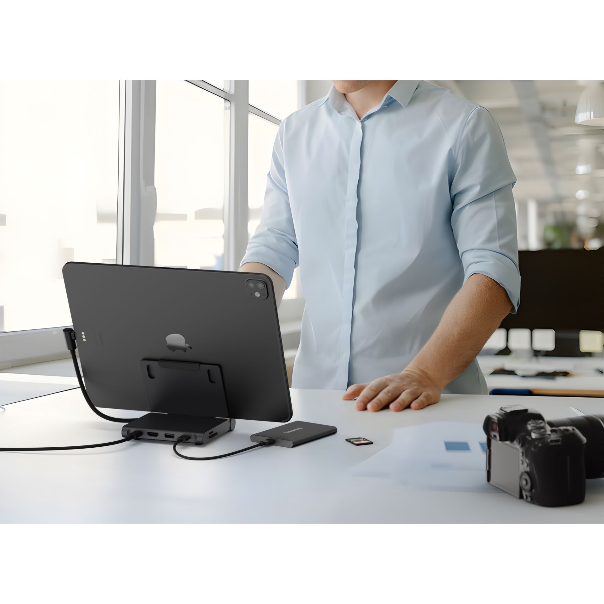 tablet stand, dock station, USB-C hub, iPad Pro, camera on desk