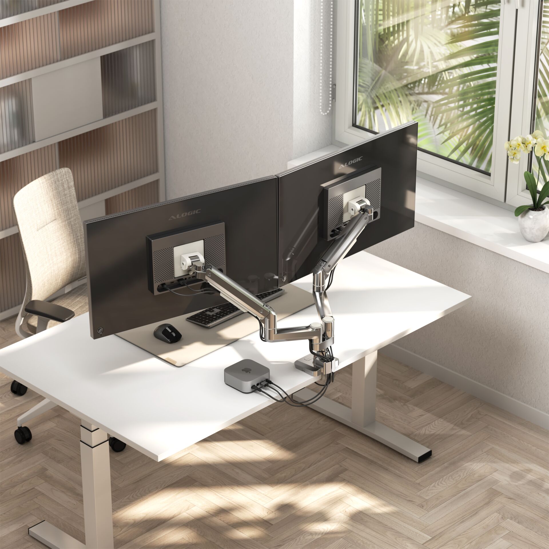 ergonomischer monitor-arm, doppelte bildschirmhalterung, arbeitsplatz-setup, monitor-aufhängung, modernes büro