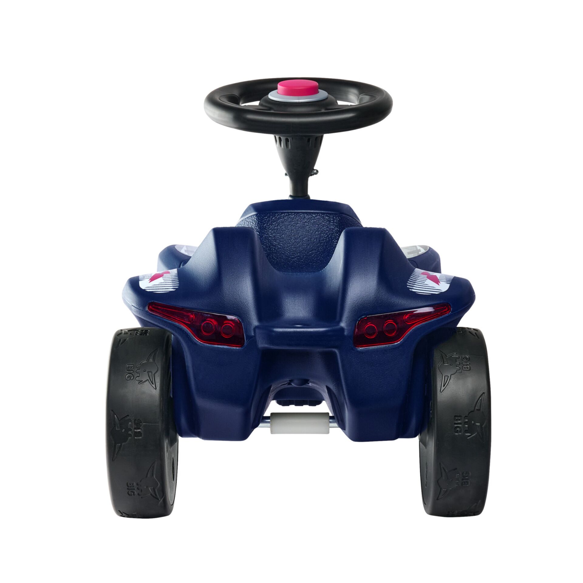 Kleines Auto, Rutschauto, blaue Karosserie, vier Räder, Lenkrad