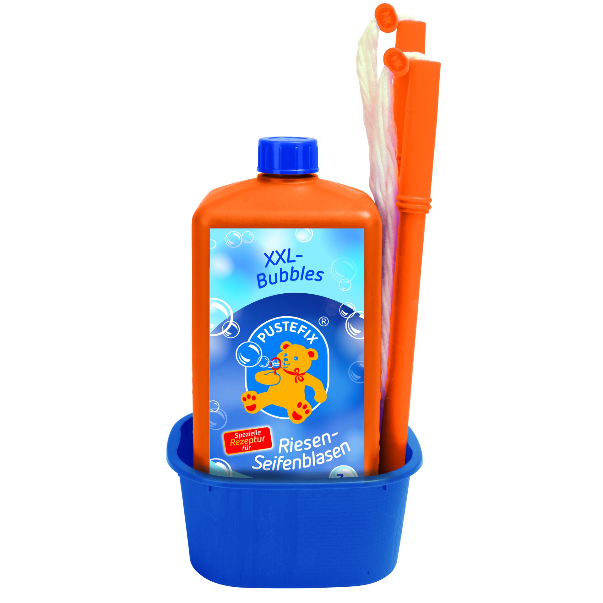 Reinigungsset, Seifenblasenflasche, Seifenblasenstäbe, Blaue Detal, Orangene Flasche