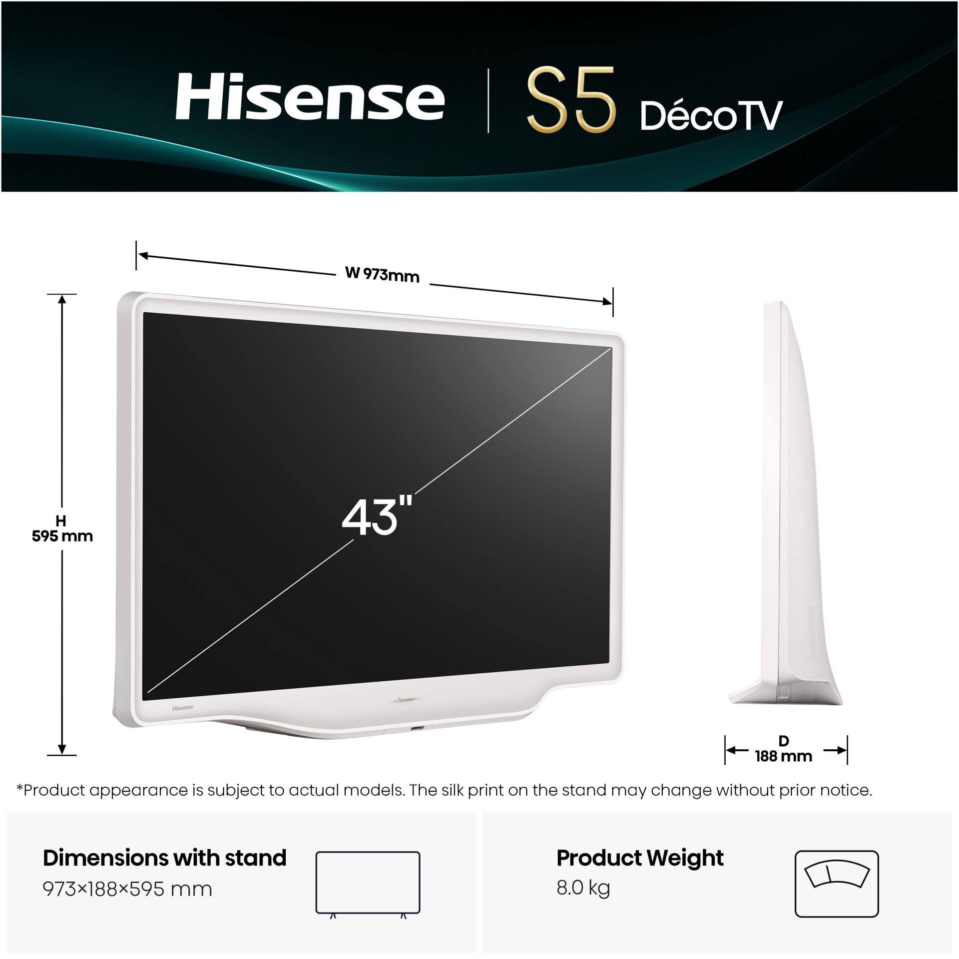43 Zoll, LED-TV, Wandmontage, Standalone, Abmessungen 973x188x595