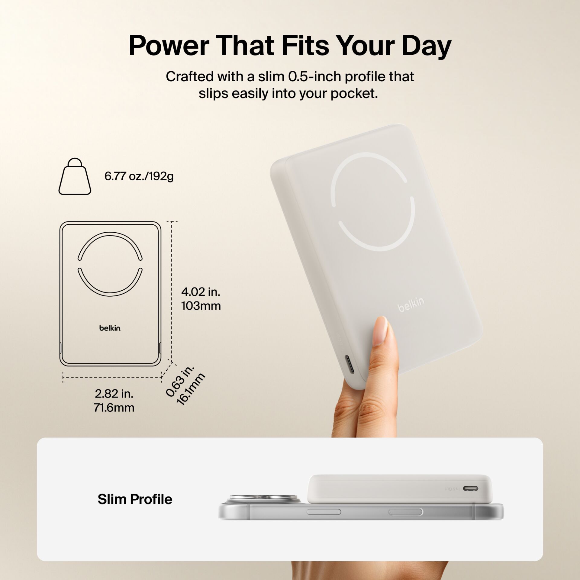 Power Bank, Slim Profile, Drahtloser Ladegerät, Tragbare Batterie, Belkin, 6.77 oz/192 g, 103 mm, 71.6 mm, 16.1 mm, 0.63 in