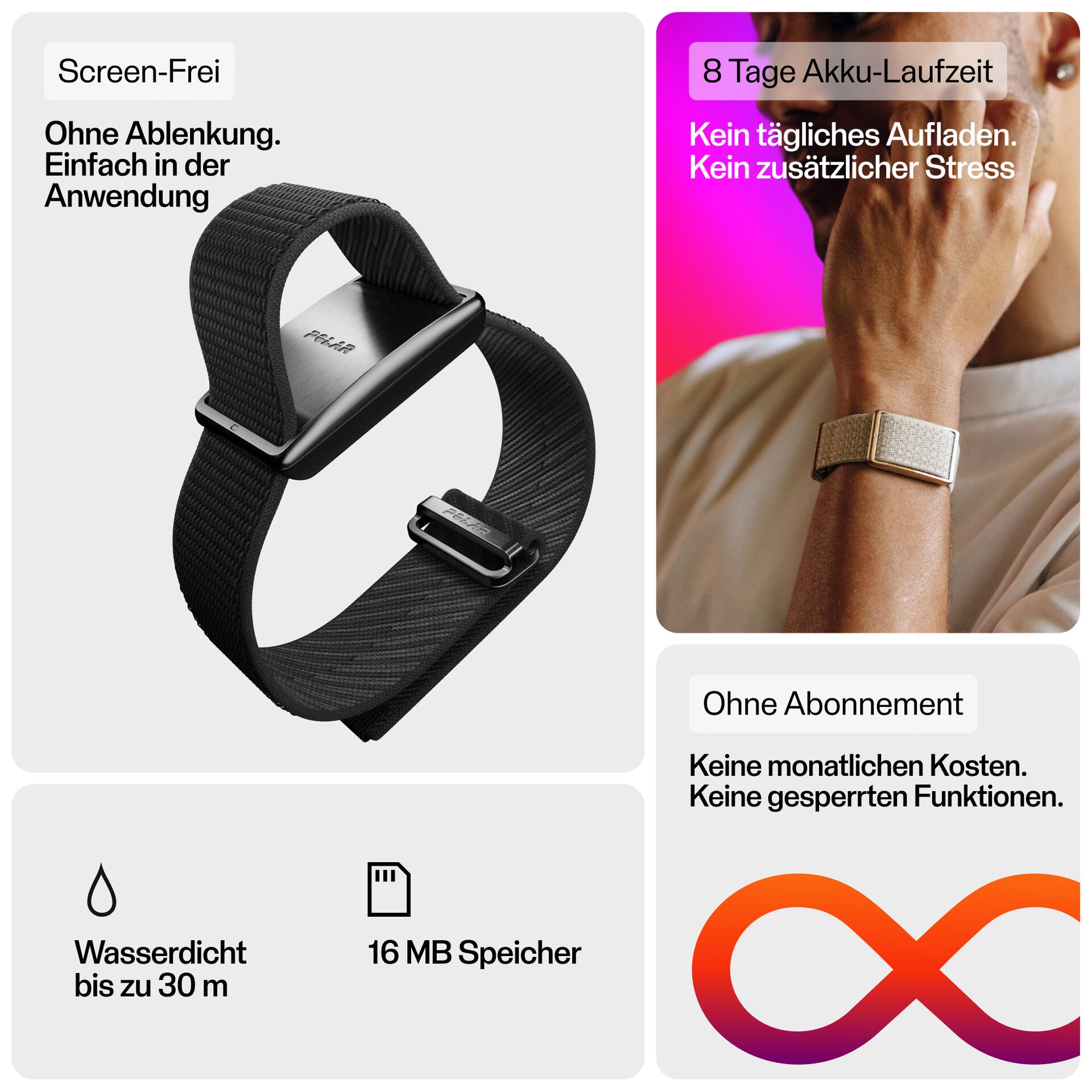 Armband, Smartwatch-Band, Silber/Schwarz, Metal-Akku, Wasserdicht