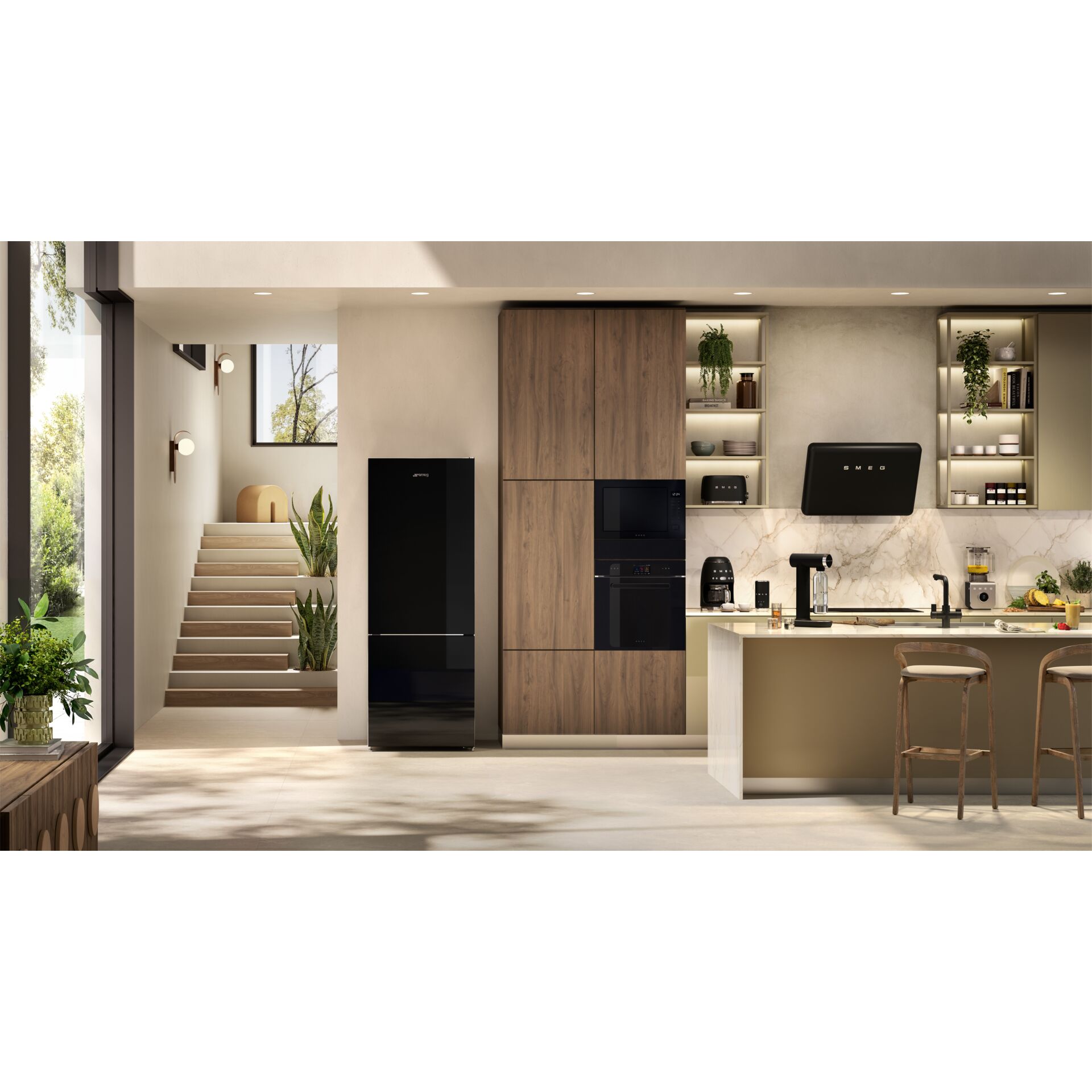 Kühlschrank, Hauptküche, Holzschrank, Granit-Arbeitsplatte, Kücheninsel