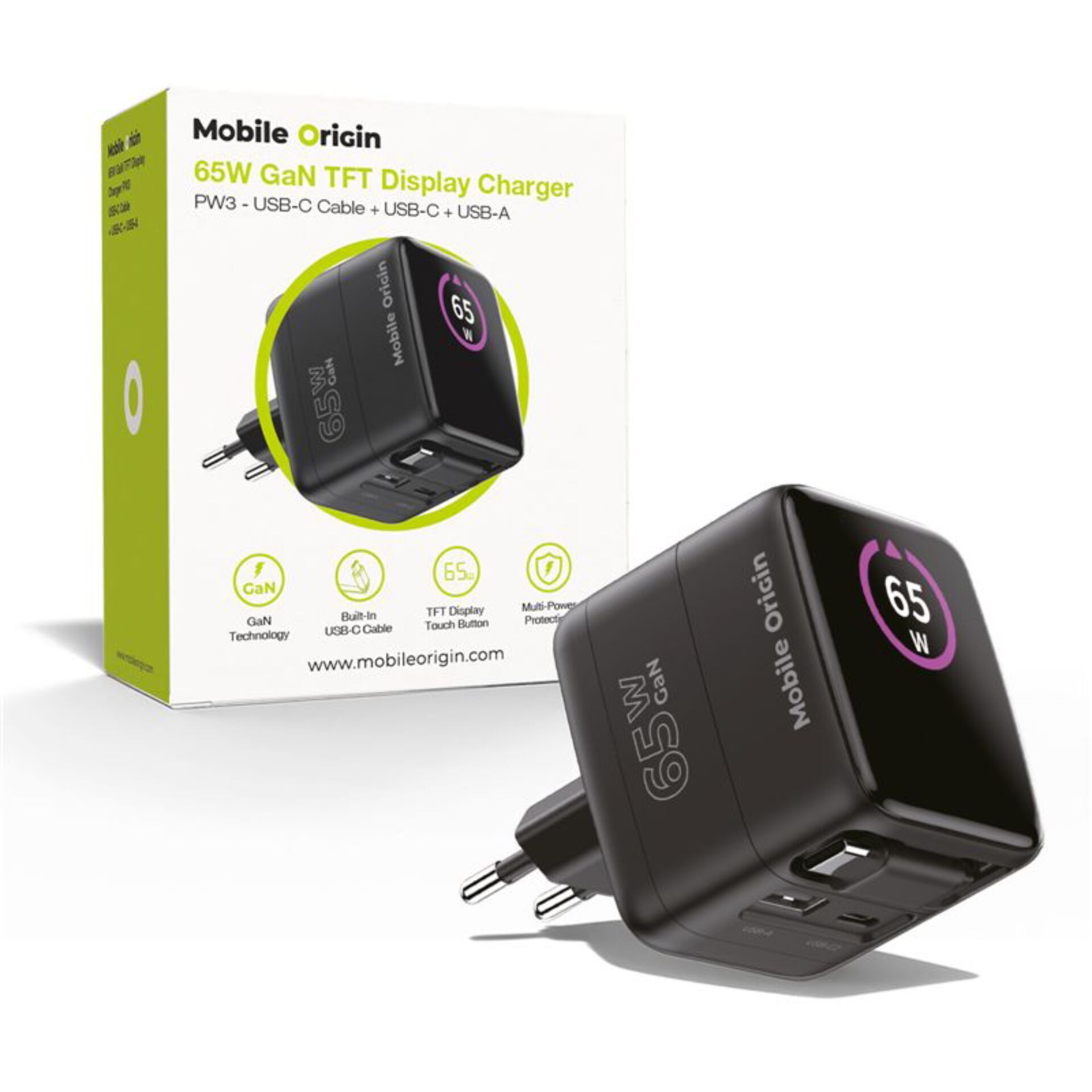 Mobile Origin 65W GaN Charger  PW3 USB-C ret. cable 65cm+USB-A