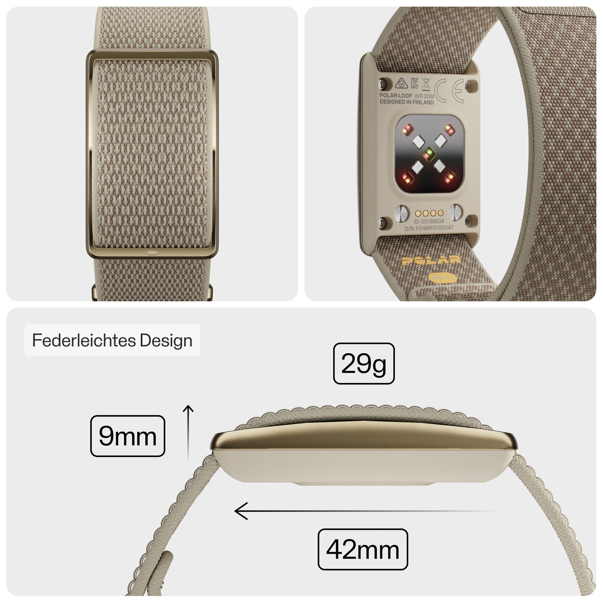 Smartwatch, Gold-tone, Fabric strap, Rectangular case, 29g weight